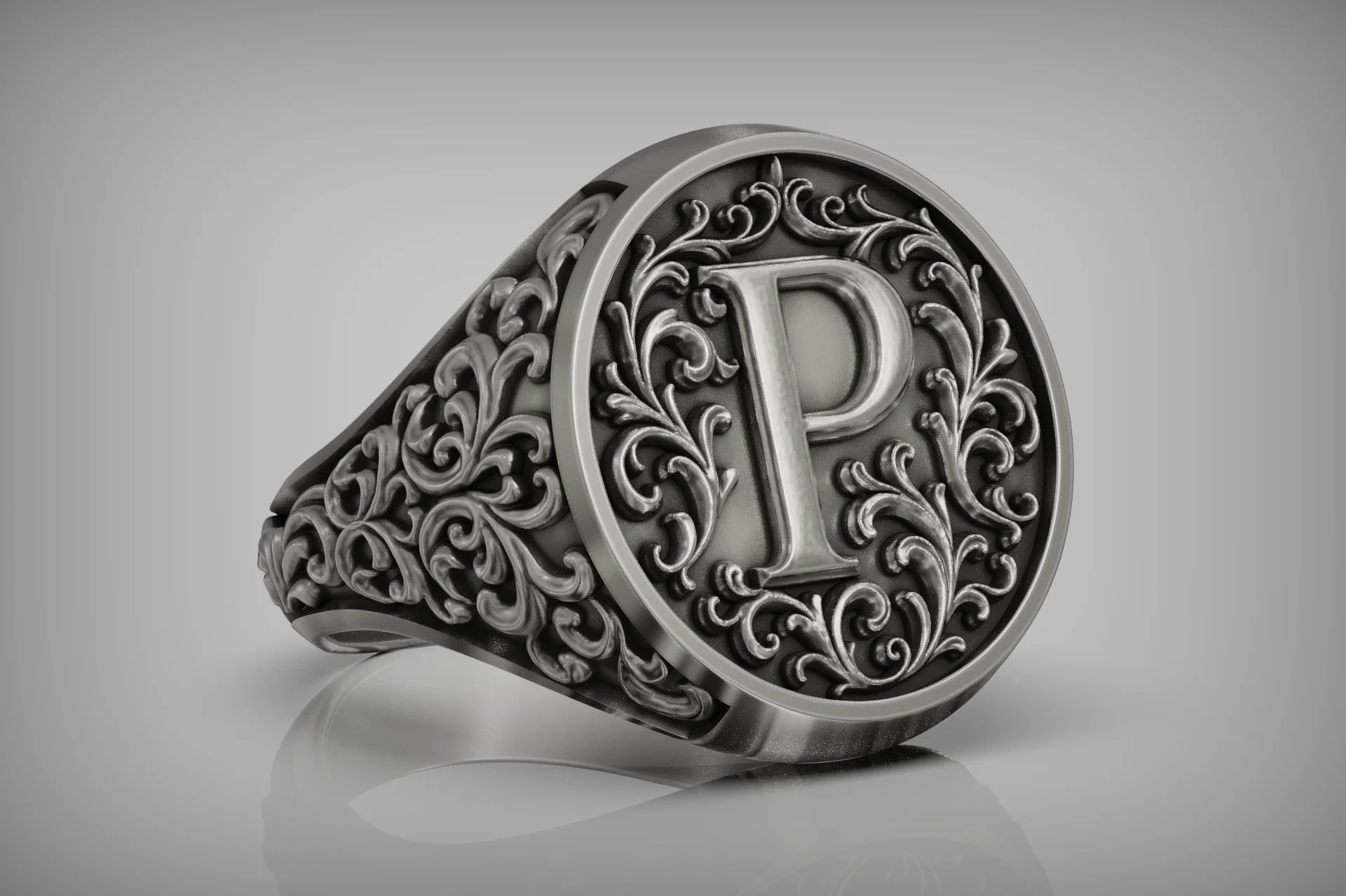 Baroque Initial 'P' Signet Ring with Acanthus Scrolls — view 3
