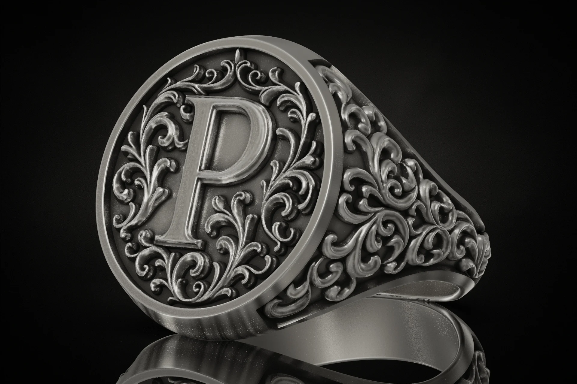 Baroque Initial 'P' Signet Ring with Acanthus Scrolls