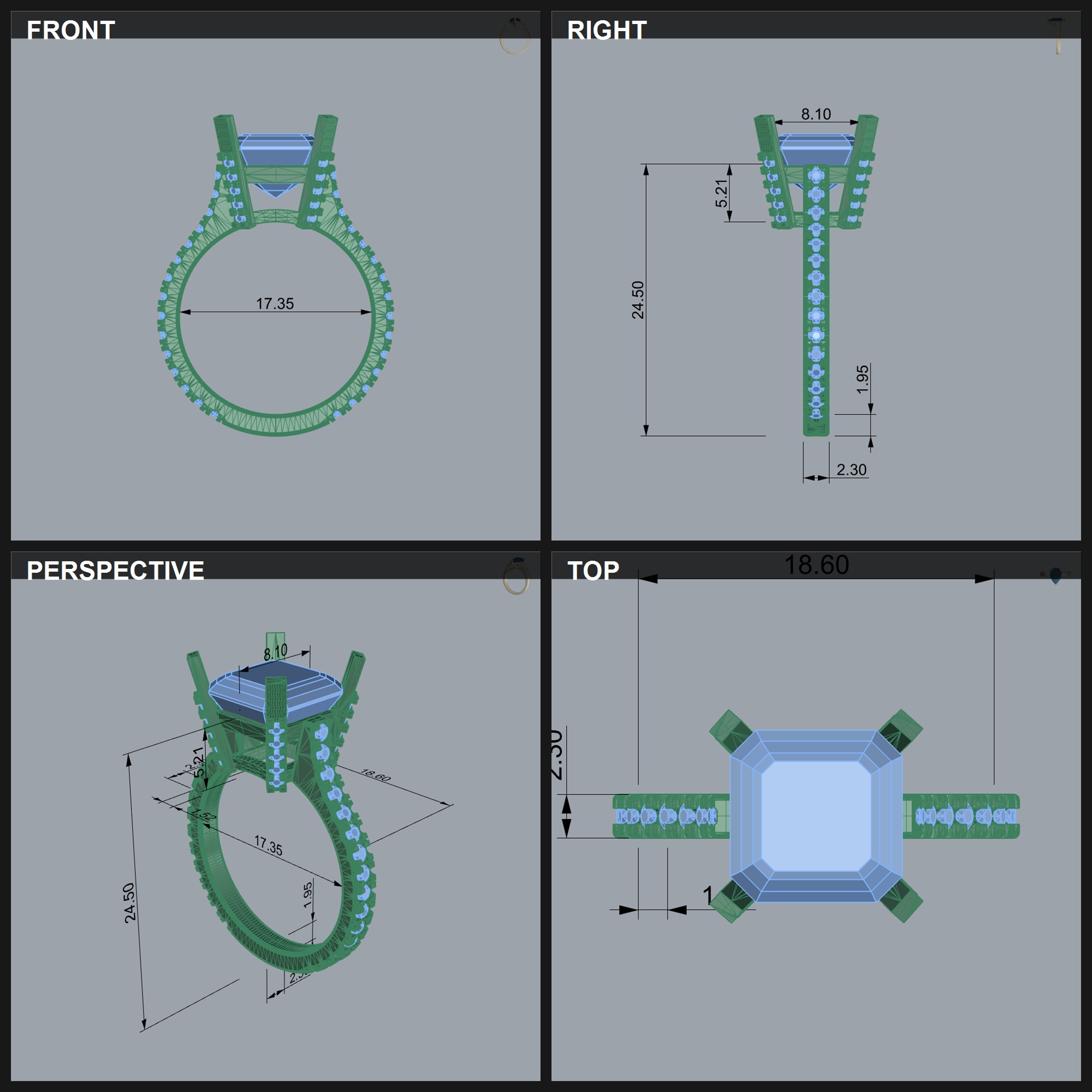 Square Step-Cut Diamond Beaded Shank Ring — view 3