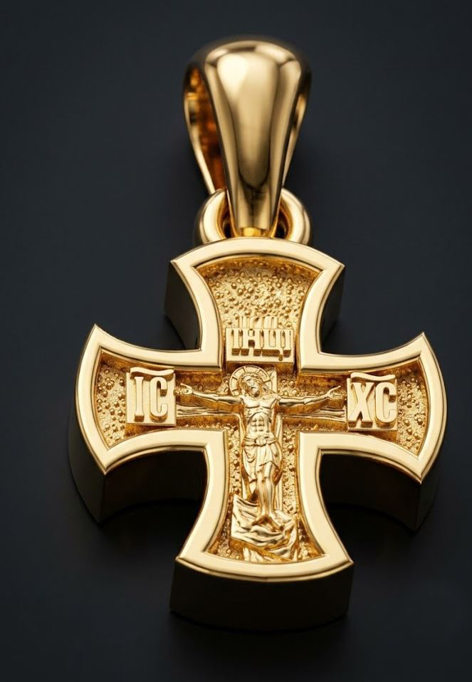 Orthodox Crucifixion Cross Pendant with Scrollwork Back