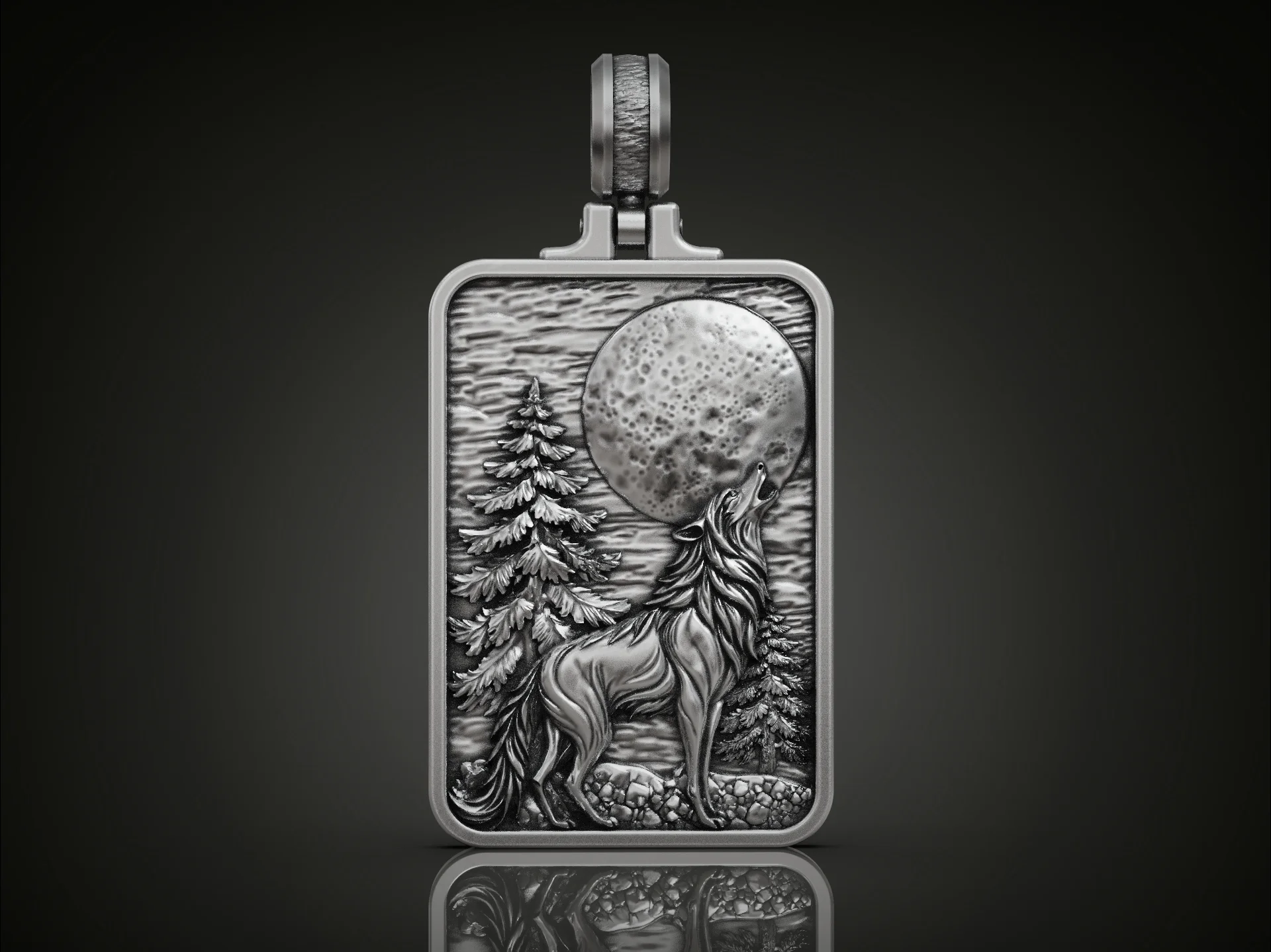 Howling Wolf at Moon Rectangular Forest Scene Pendant — view 4