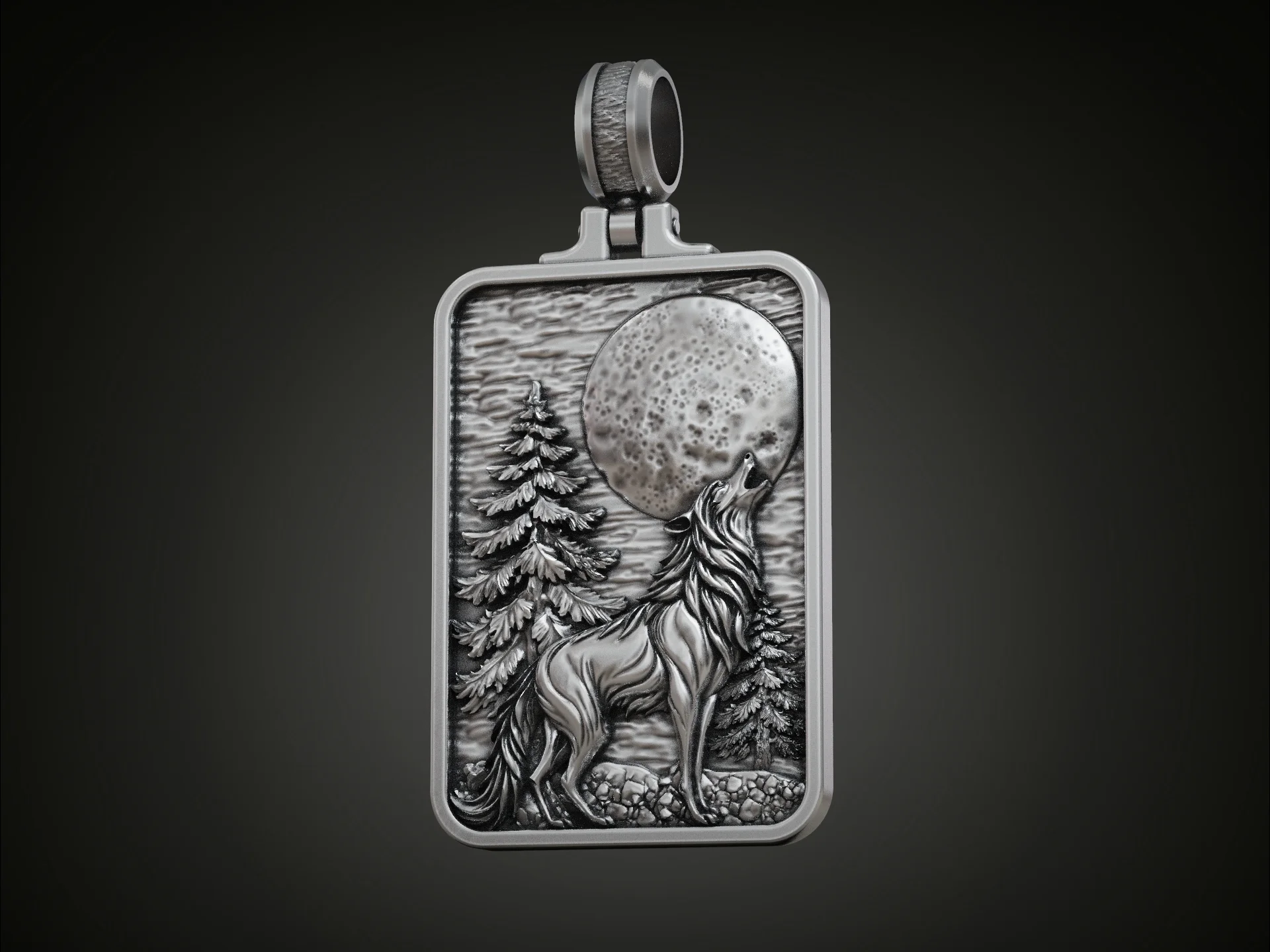 Howling Wolf at Moon Rectangular Forest Scene Pendant