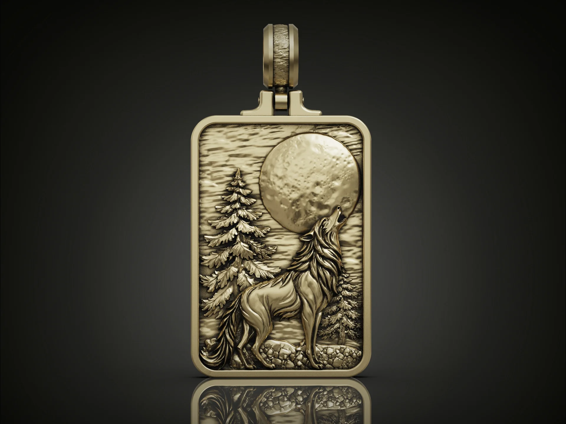 Howling Wolf at Moon Rectangular Forest Scene Pendant — view 3