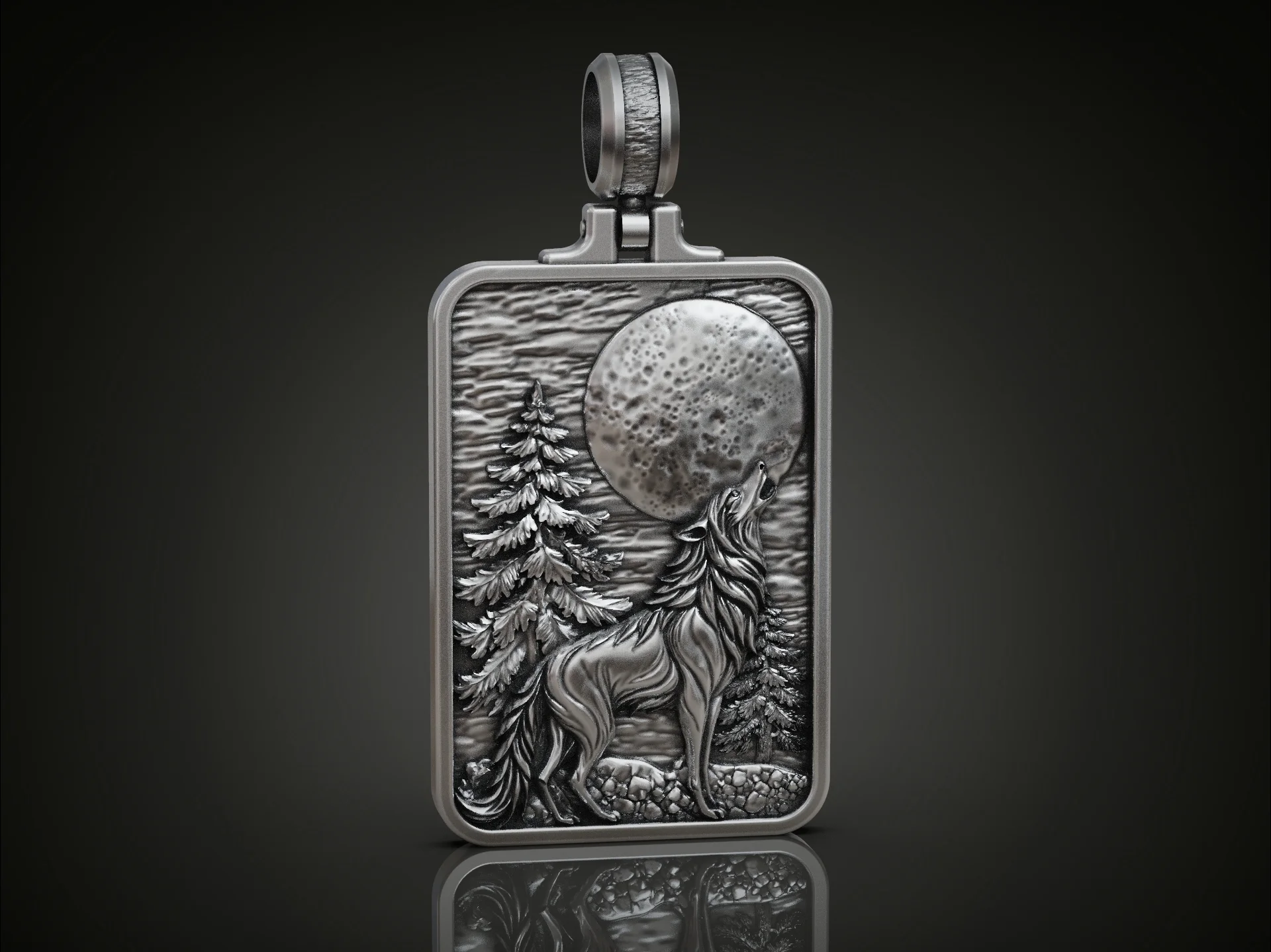 Howling Wolf at Moon Rectangular Forest Scene Pendant — view 2
