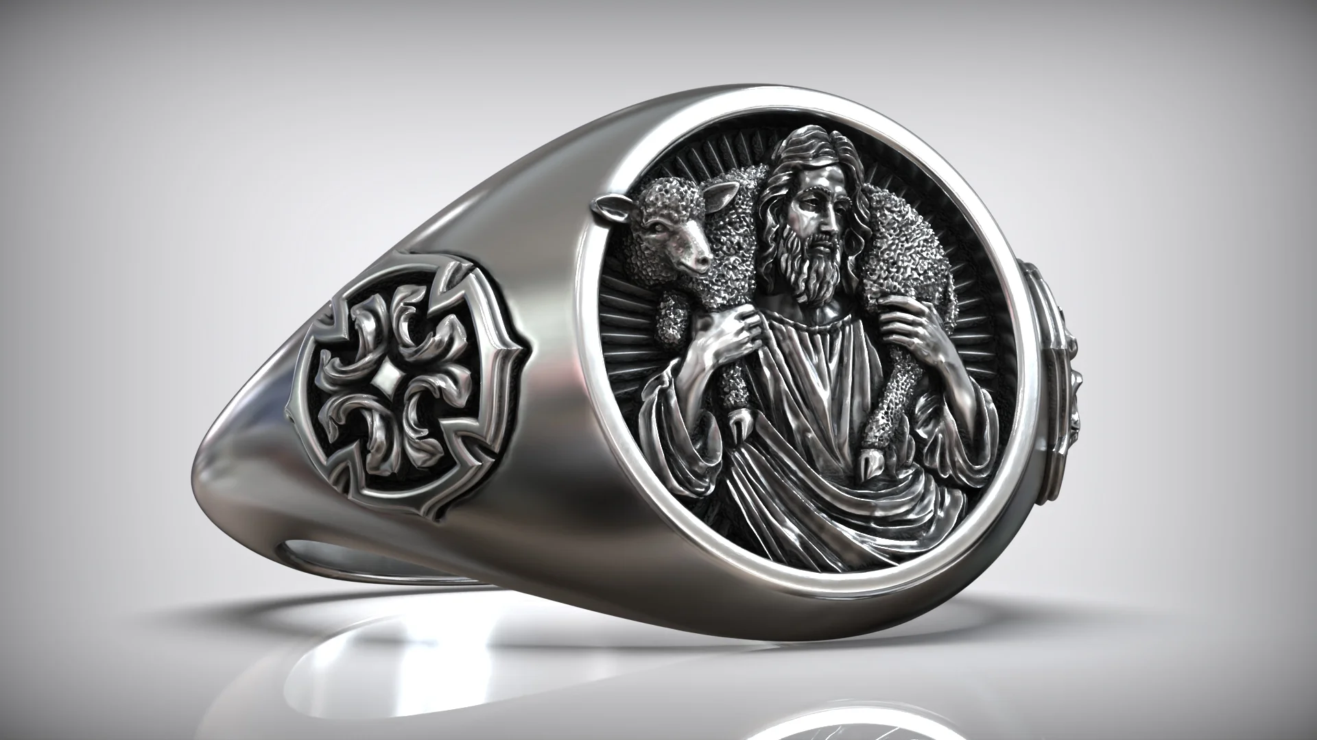 Christian Good Shepherd Cross Signet Ring — view 3