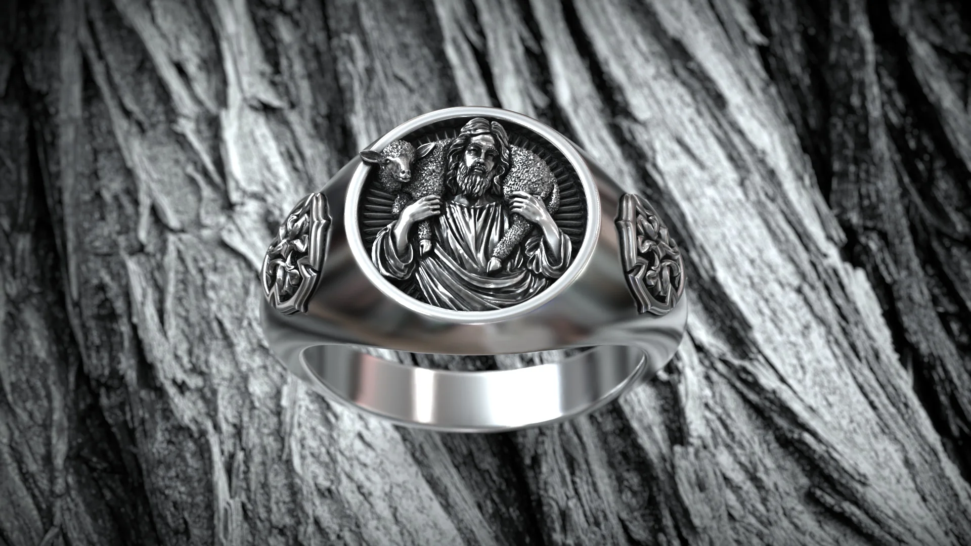 Christian Good Shepherd Cross Signet Ring — view 6