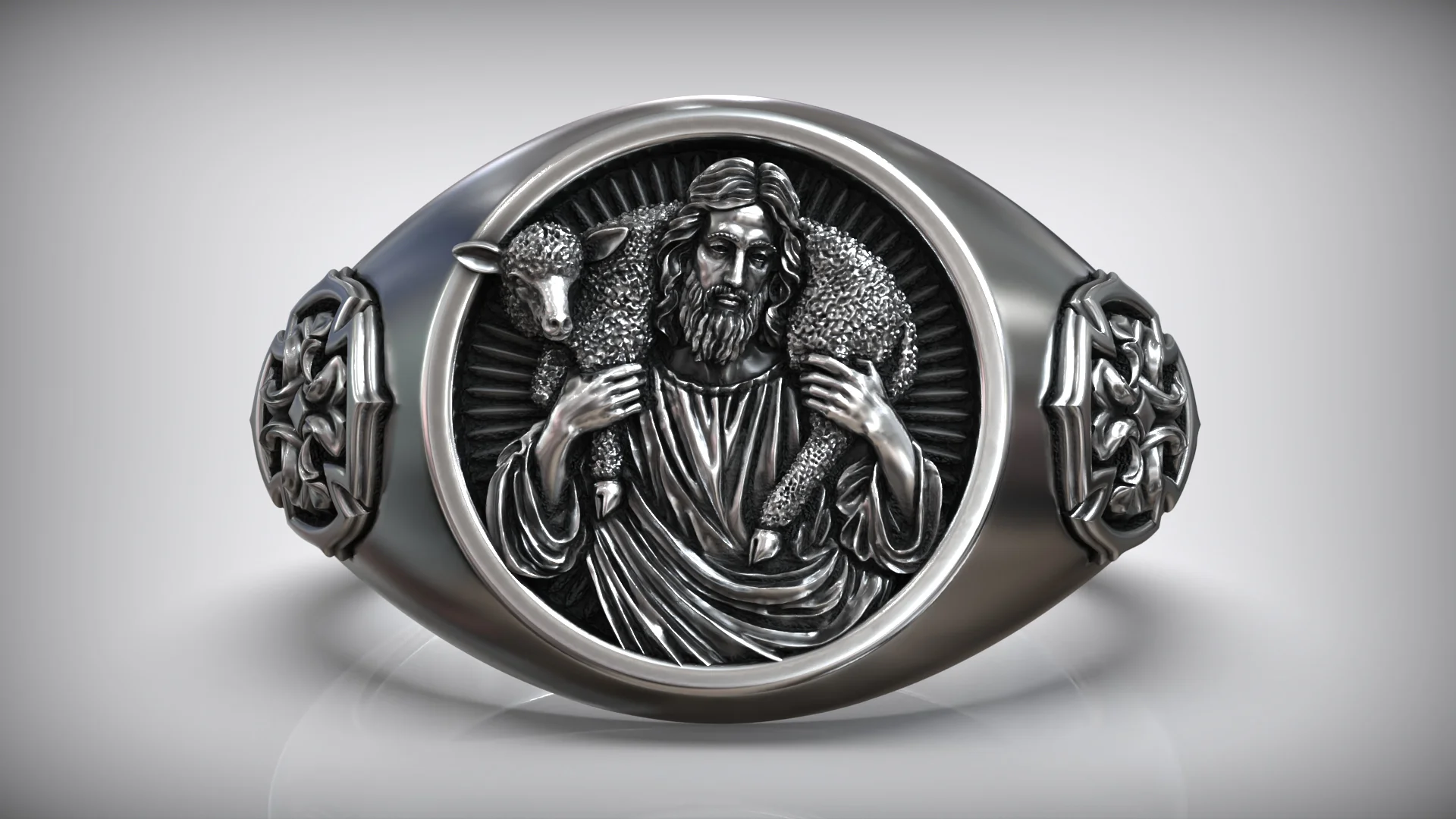 Christian Good Shepherd Cross Signet Ring — view 2