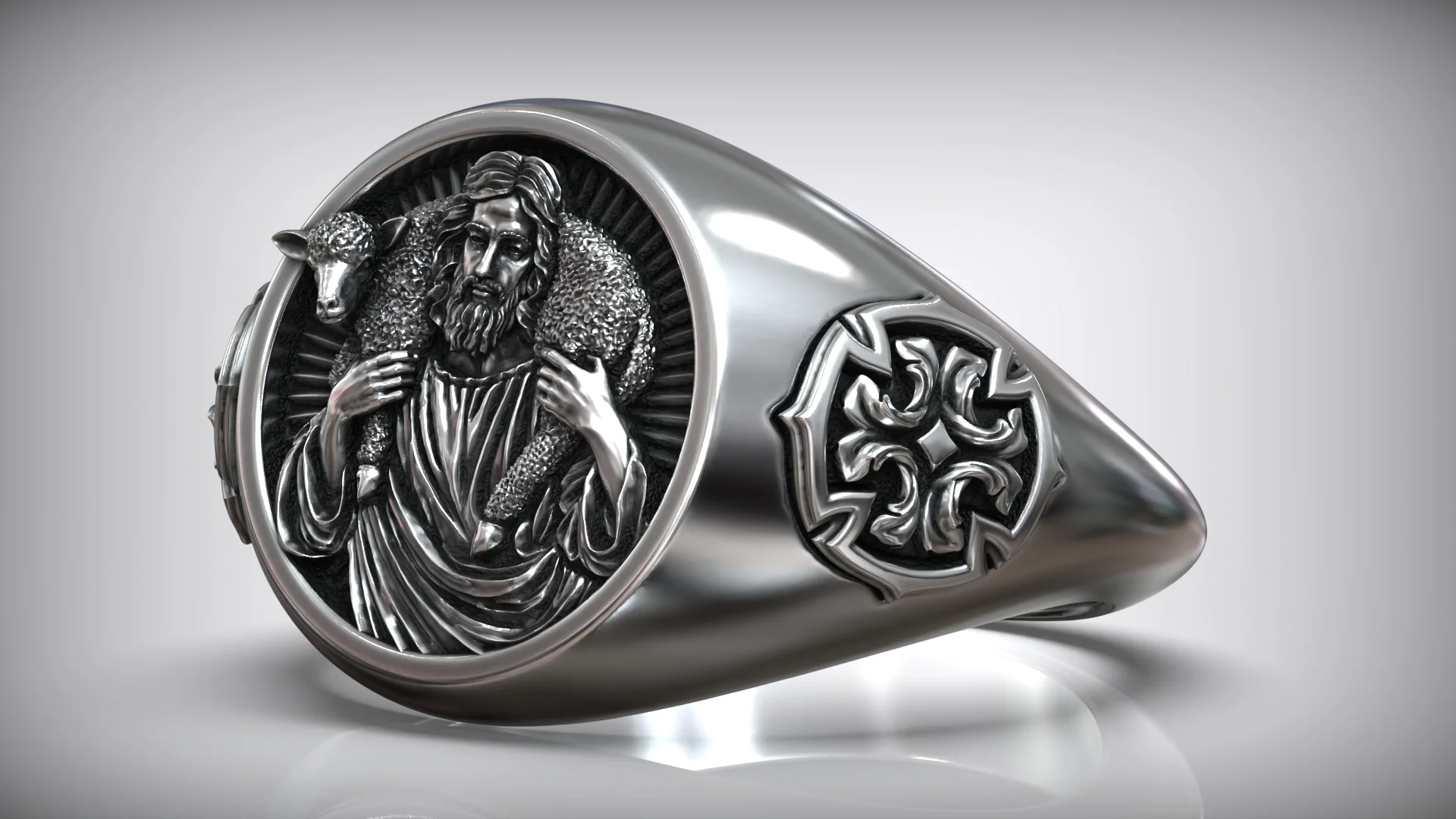 Christian Good Shepherd Cross Signet Ring — view 4
