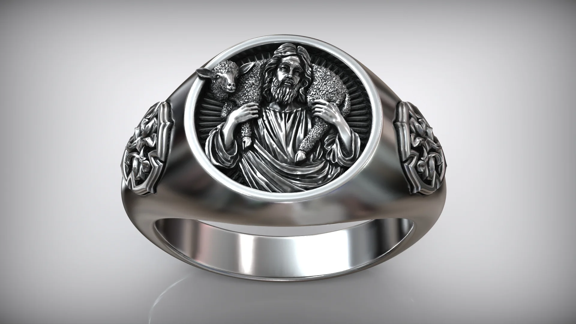 Christian Good Shepherd Cross Signet Ring