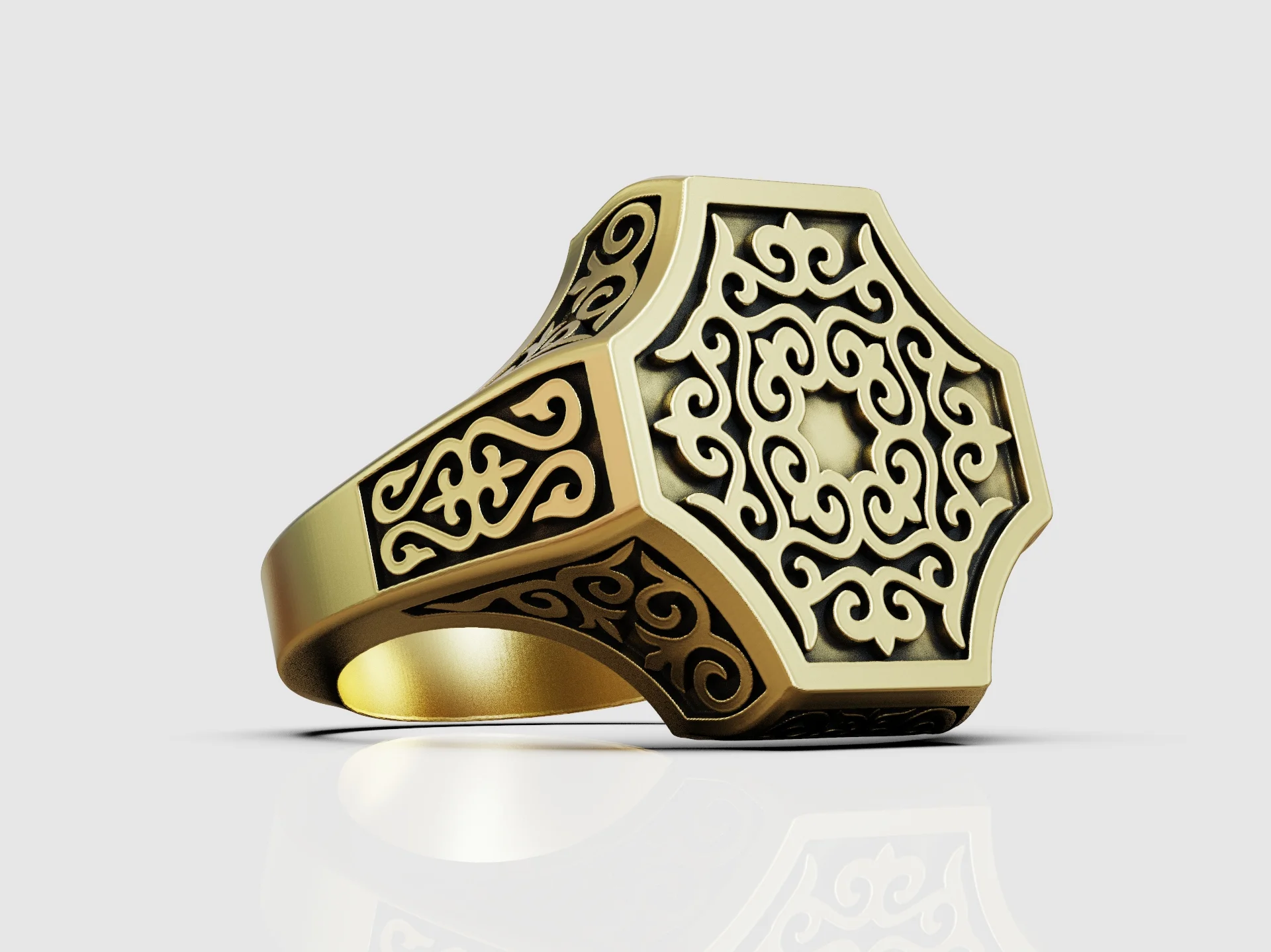 Ornate Arabesque Hexagonal Men's Signet Ring — view 3