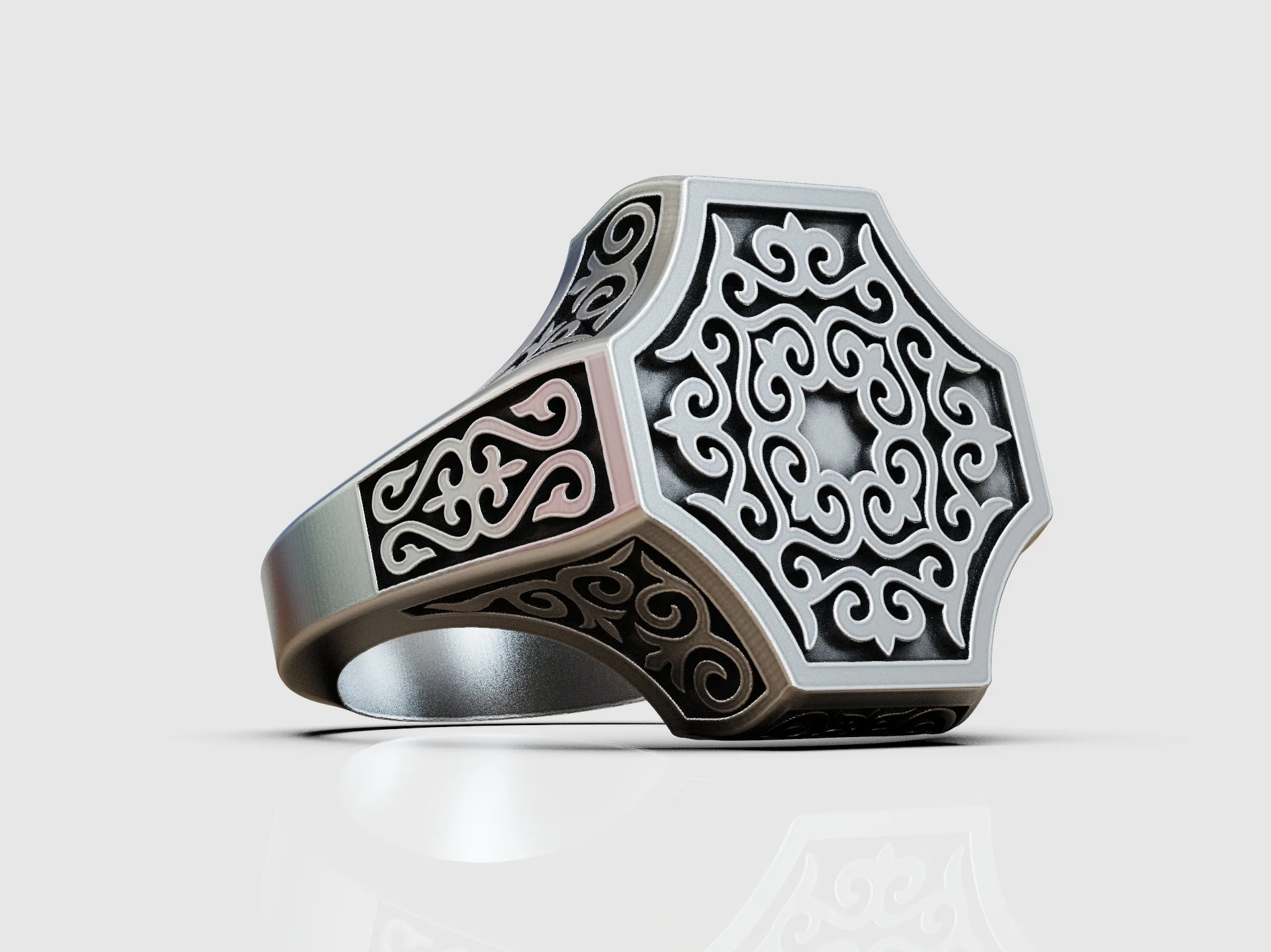 Ornate Arabesque Hexagonal Men's Signet Ring — view 2