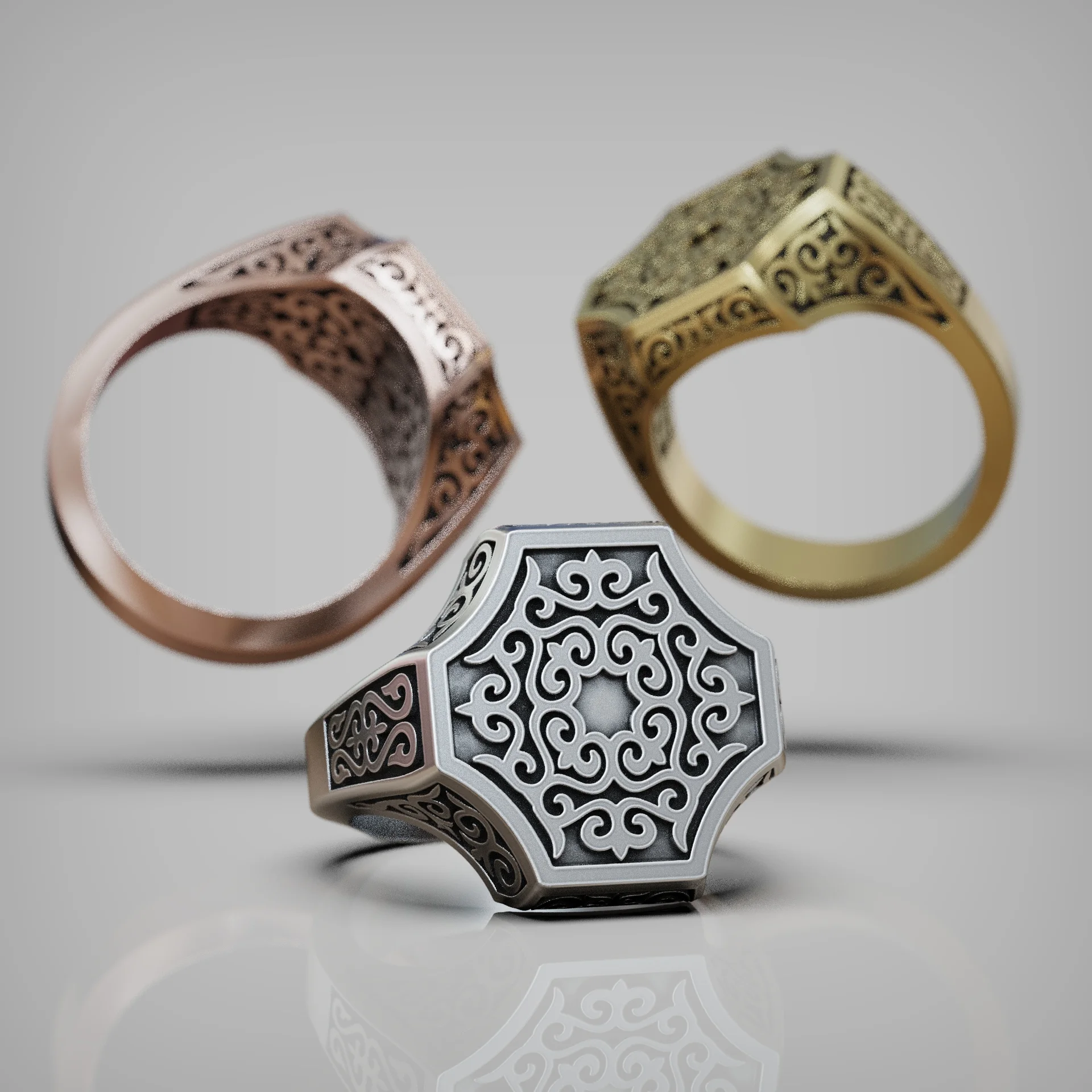 Ornate Arabesque Hexagonal Men's Signet Ring
