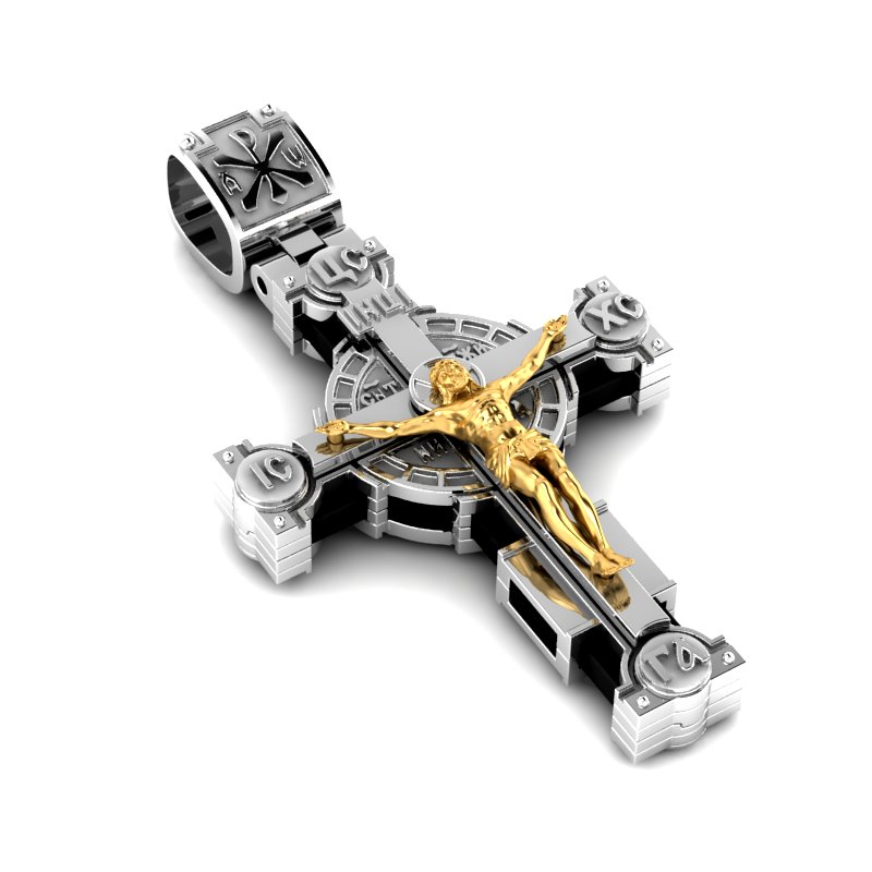 Layered Eastern Orthodox Crucifix Pendant with Prayer