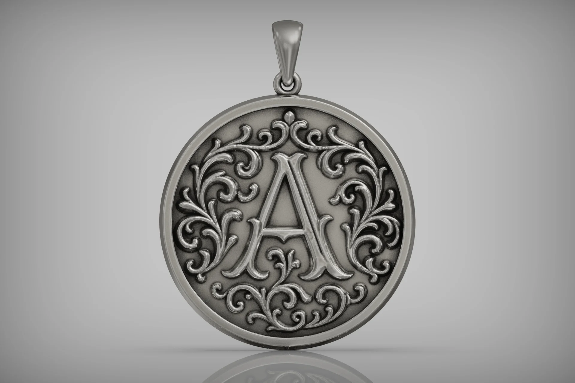 Baroque Scrollwork Initial A Monogram Medallion Pendant — view 4