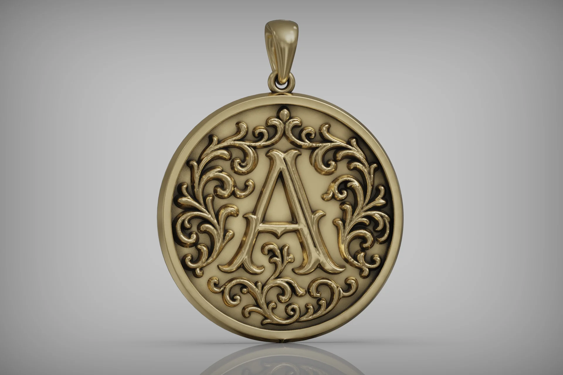 Baroque Scrollwork Initial A Monogram Medallion Pendant — view 3