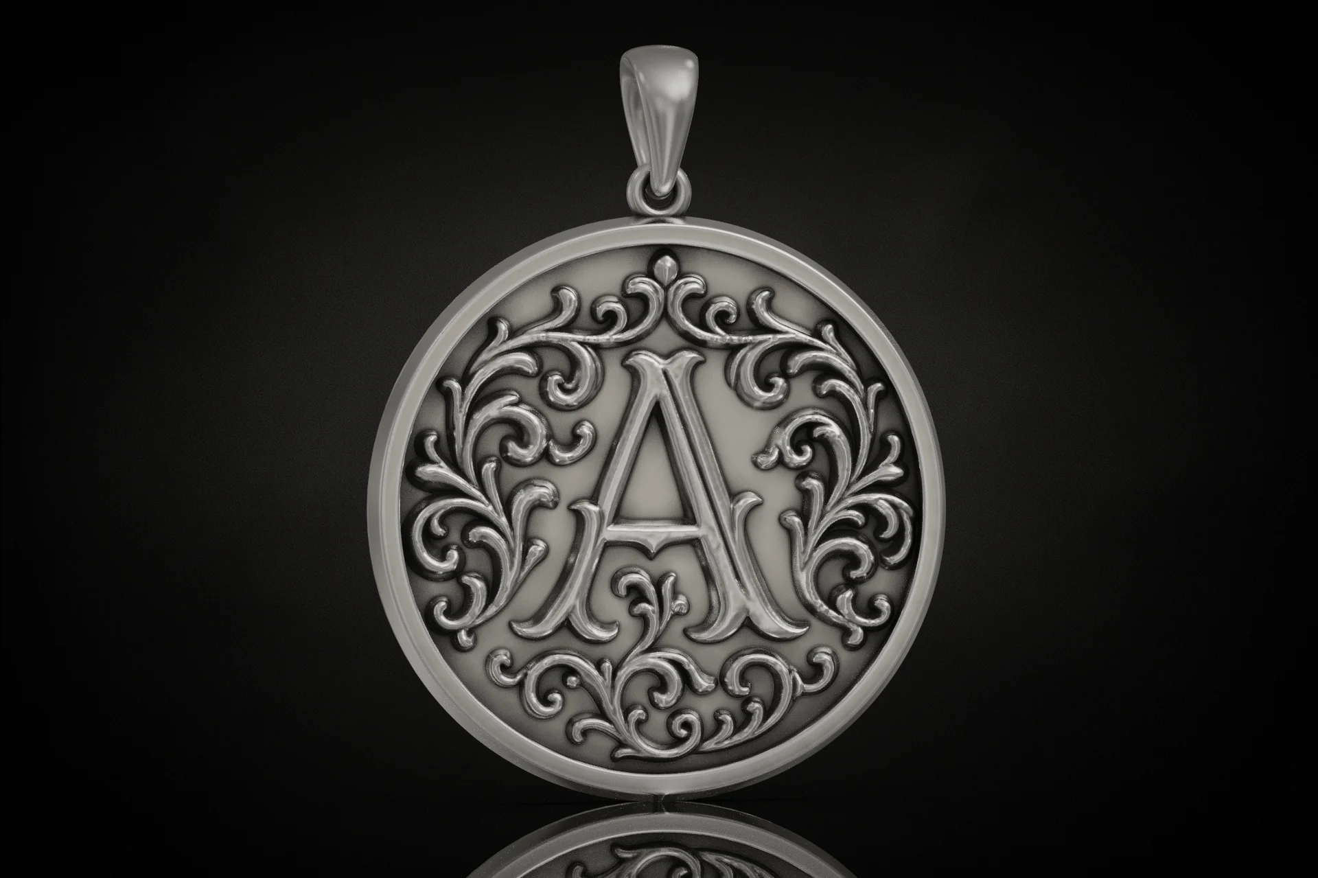 Baroque Scrollwork Initial A Monogram Medallion Pendant