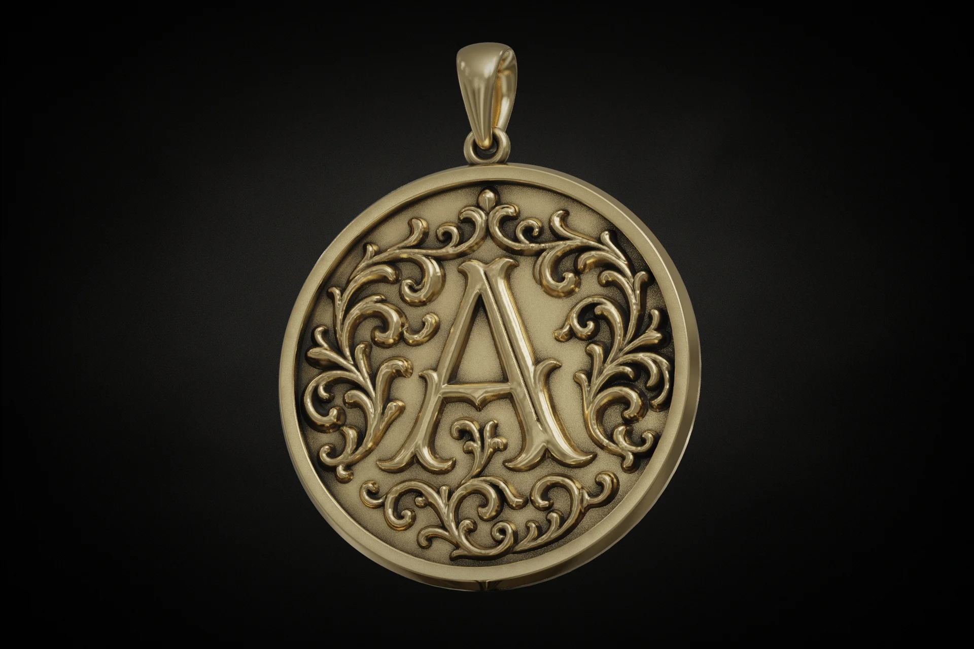 Baroque Scrollwork Initial A Monogram Medallion Pendant — view 2