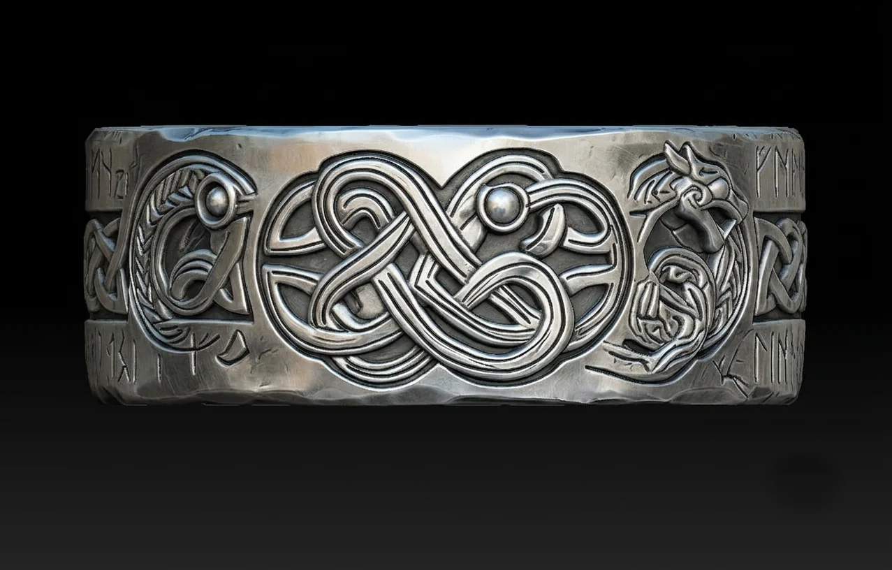 Norse Viking Dragon Knotwork Runic Band Ring — view 2