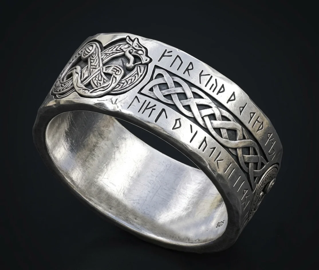Norse Viking Dragon Knotwork Runic Band Ring — view 3