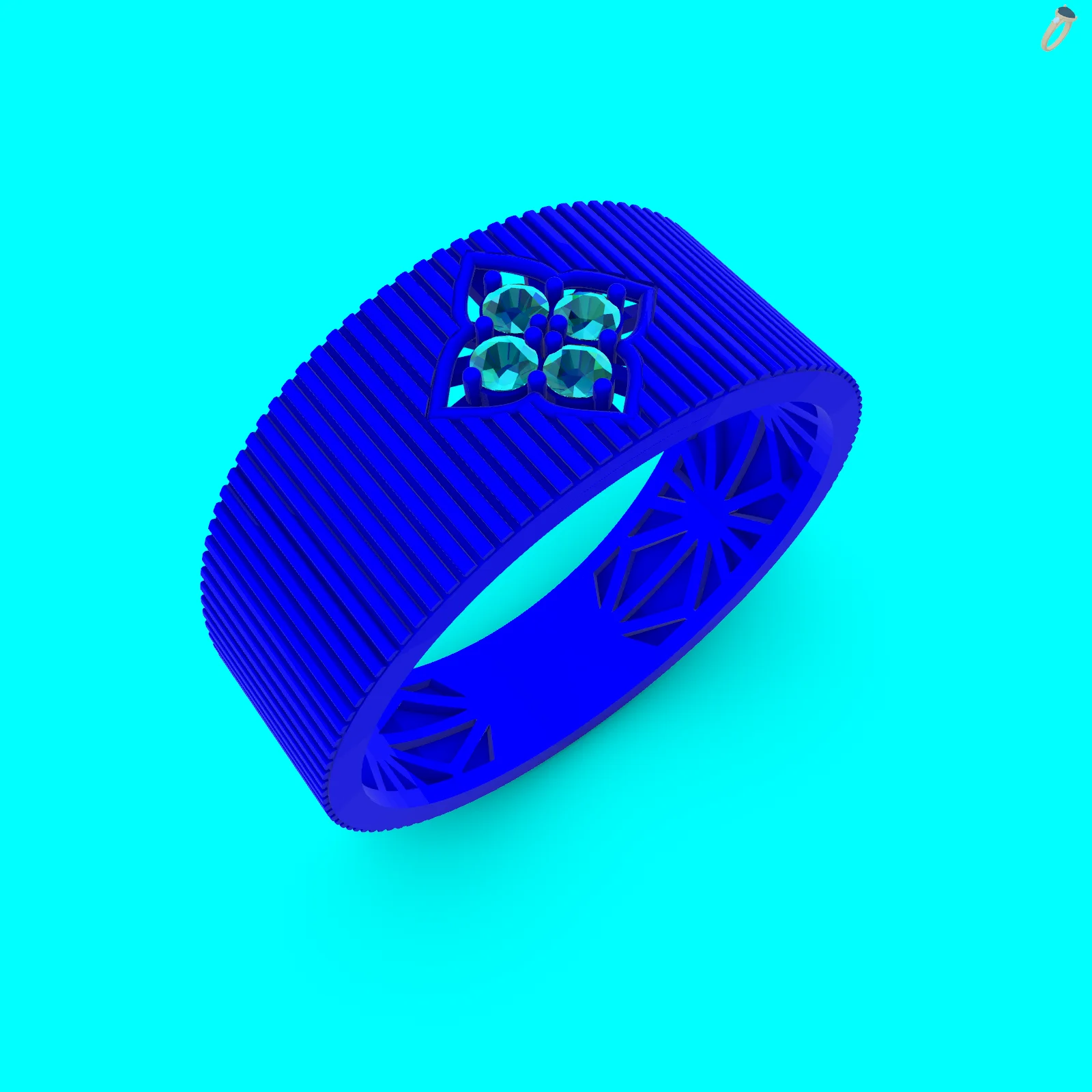 Ribbed Wide Band Ring with Clover Setting