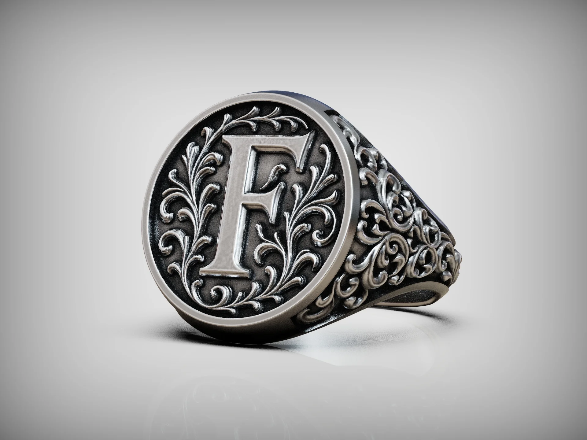 Baroque Initial F Floral Signet Ring — view 5