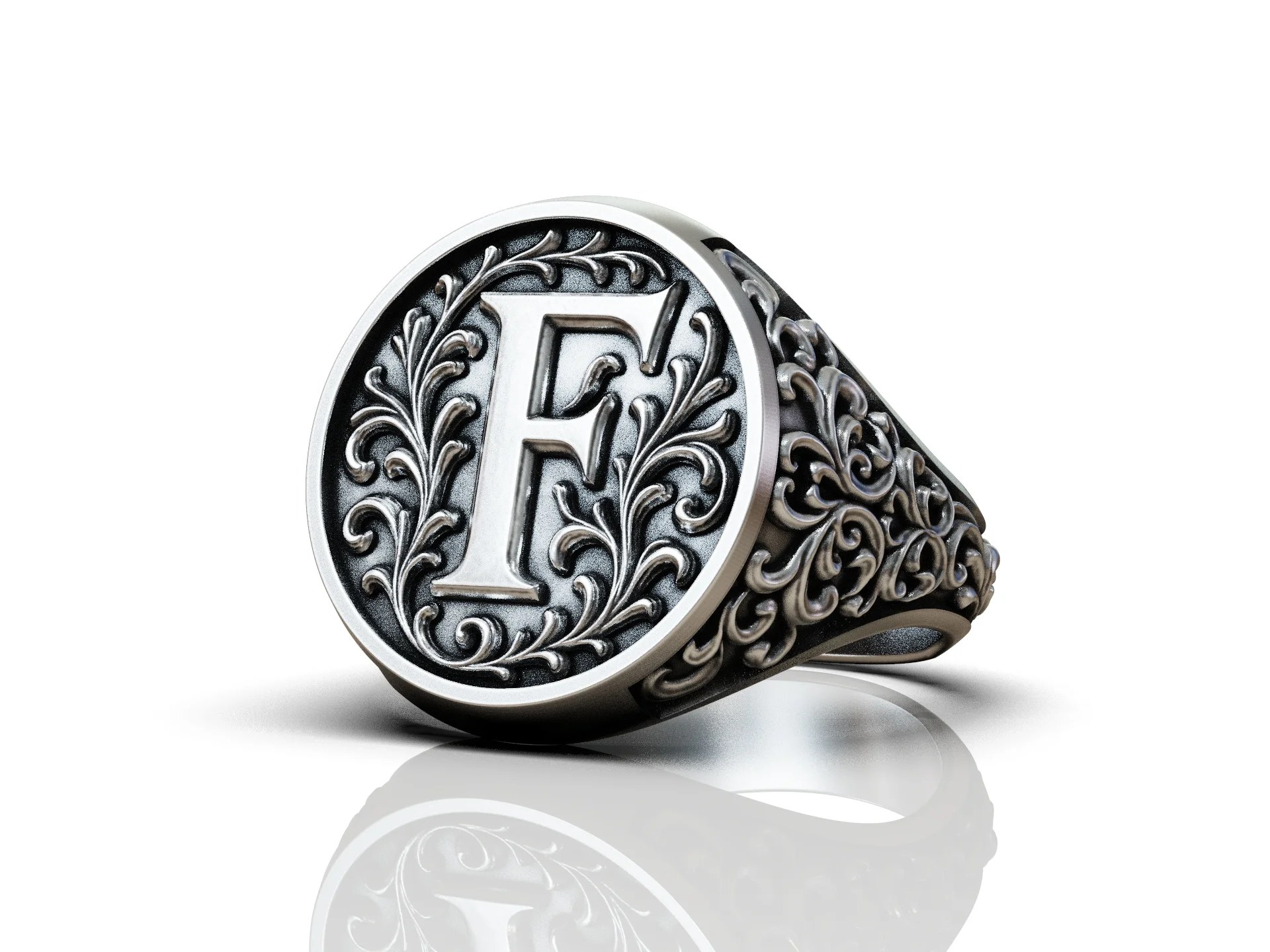 Baroque Initial F Floral Signet Ring — view 8