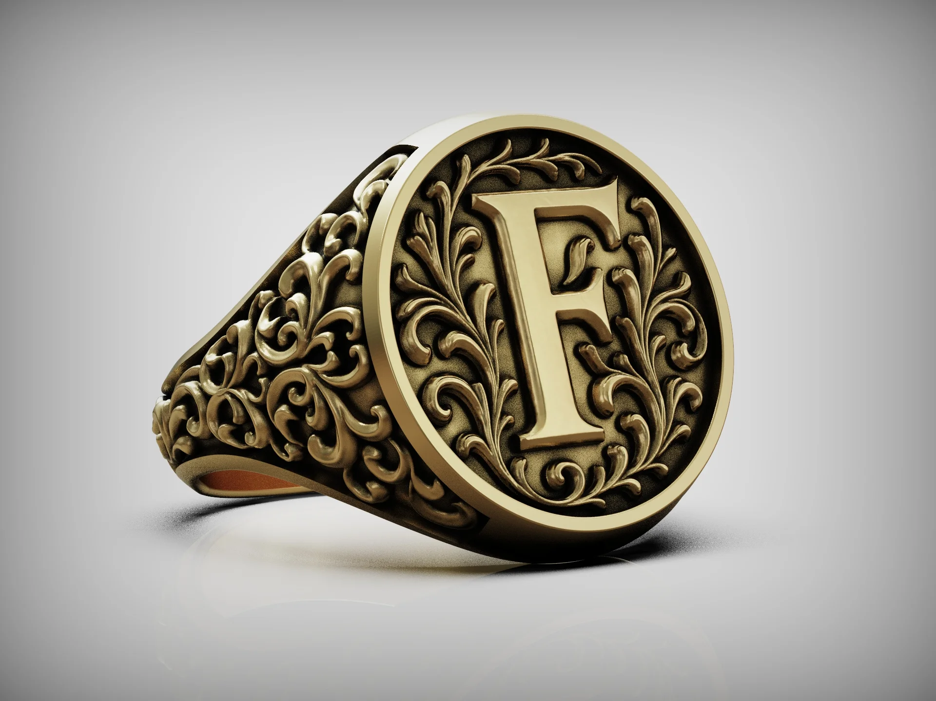 Baroque Initial F Floral Signet Ring — view 4