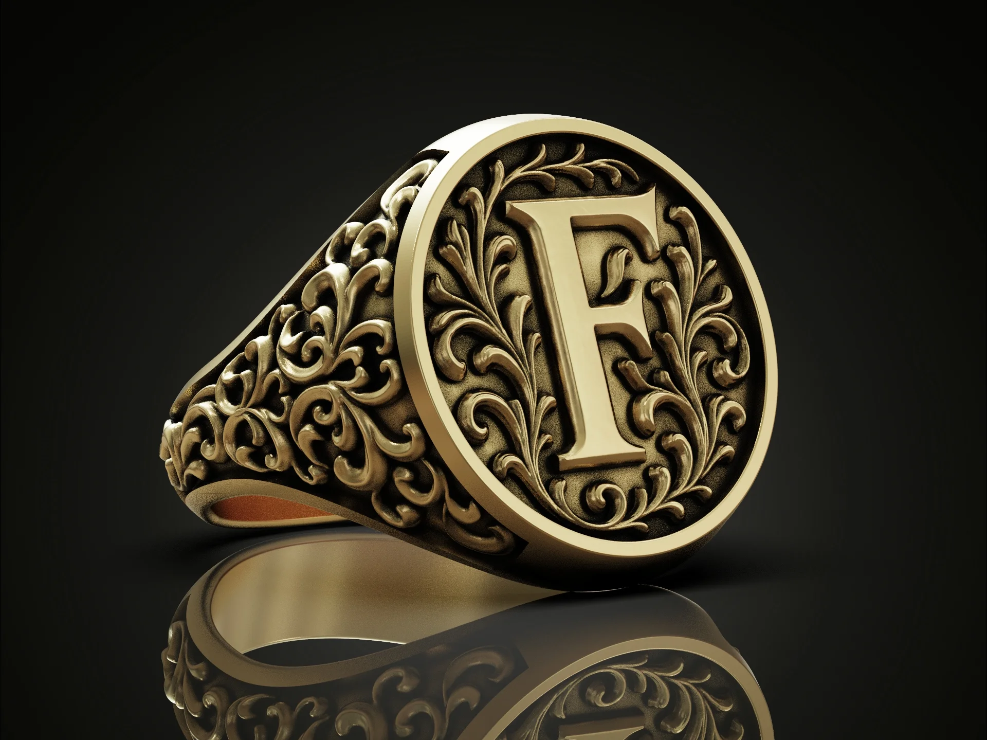 Baroque Initial F Floral Signet Ring — view 3