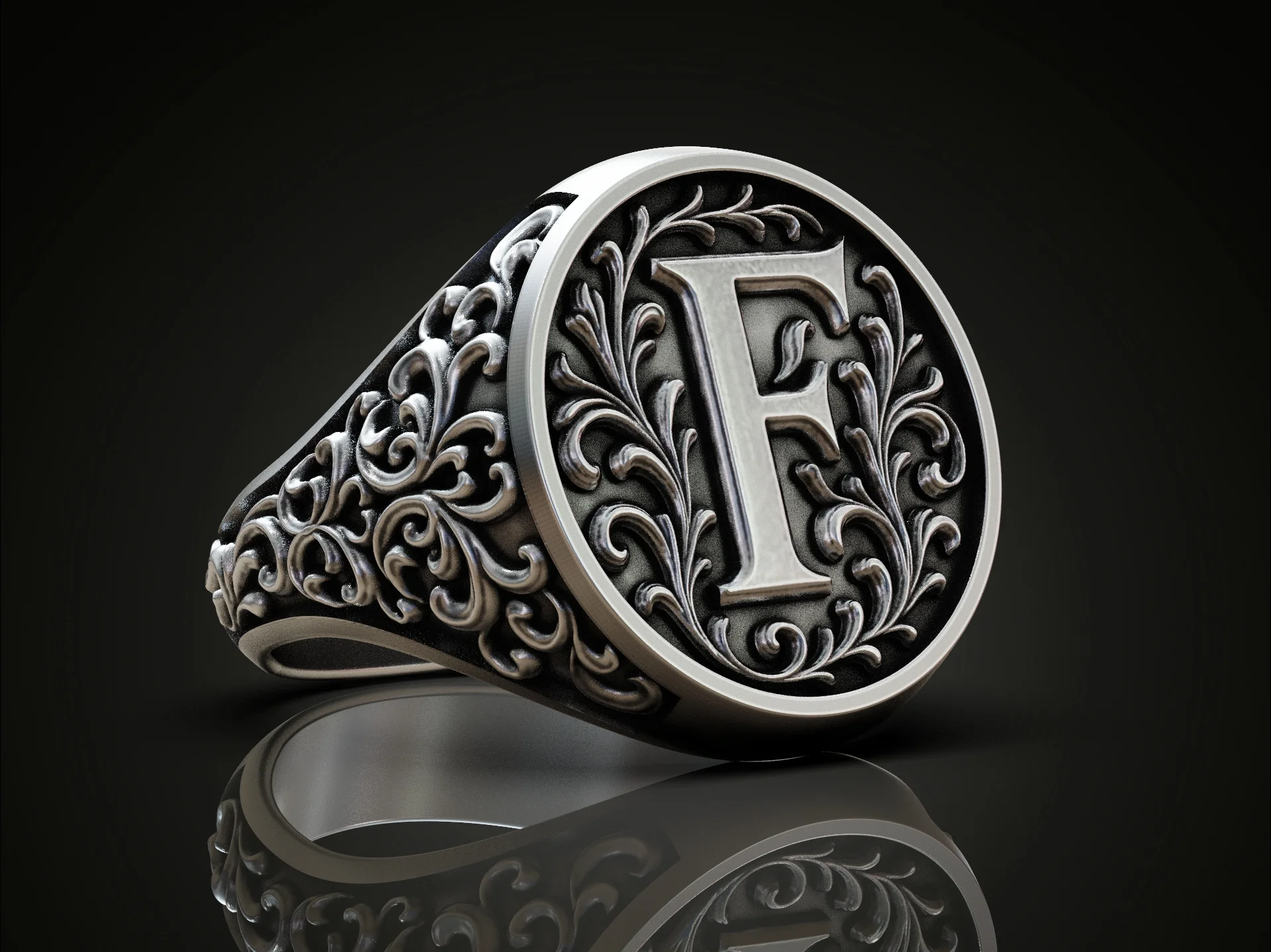 Baroque Initial F Floral Signet Ring