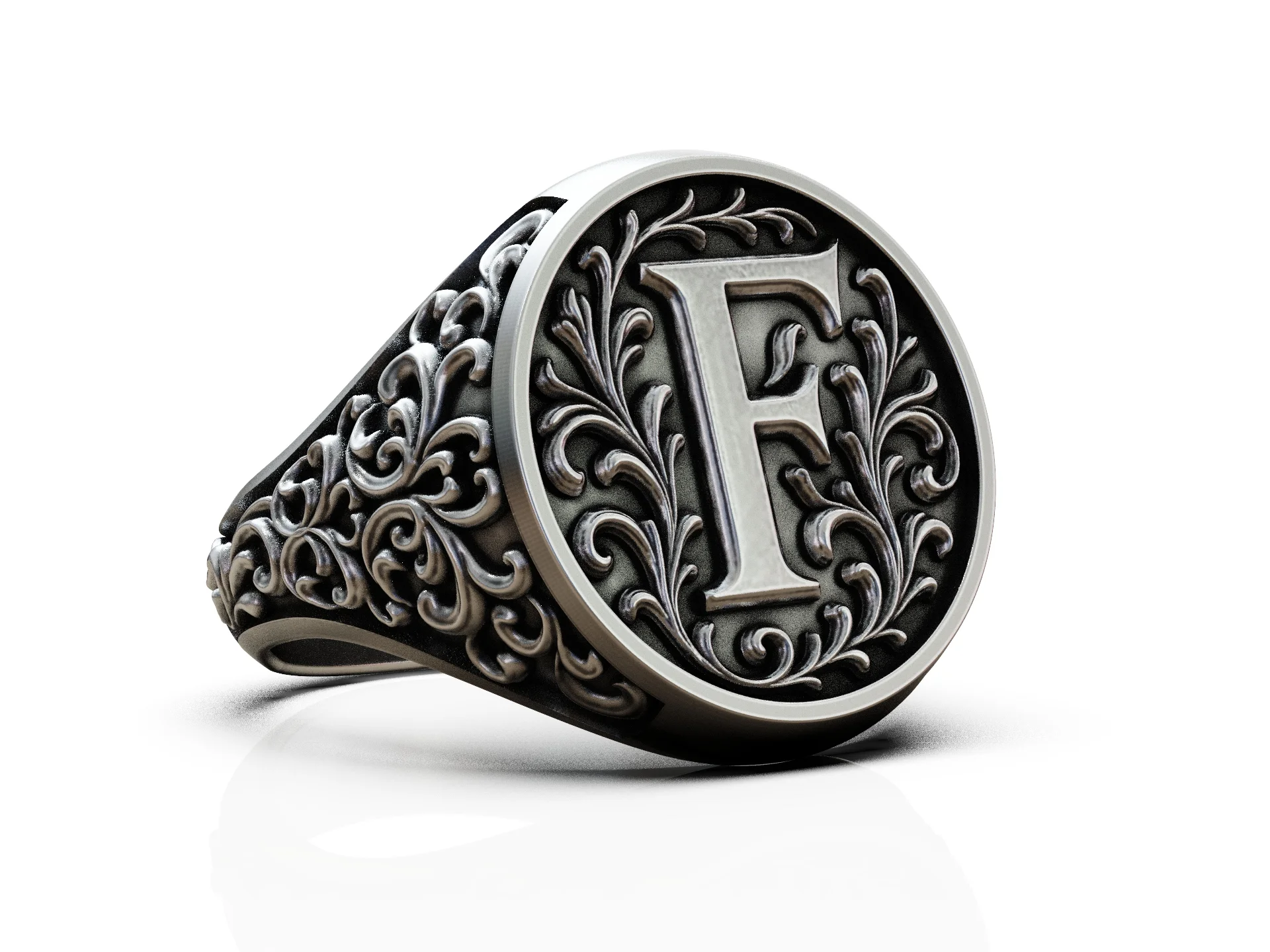 Baroque Initial F Floral Signet Ring — view 7