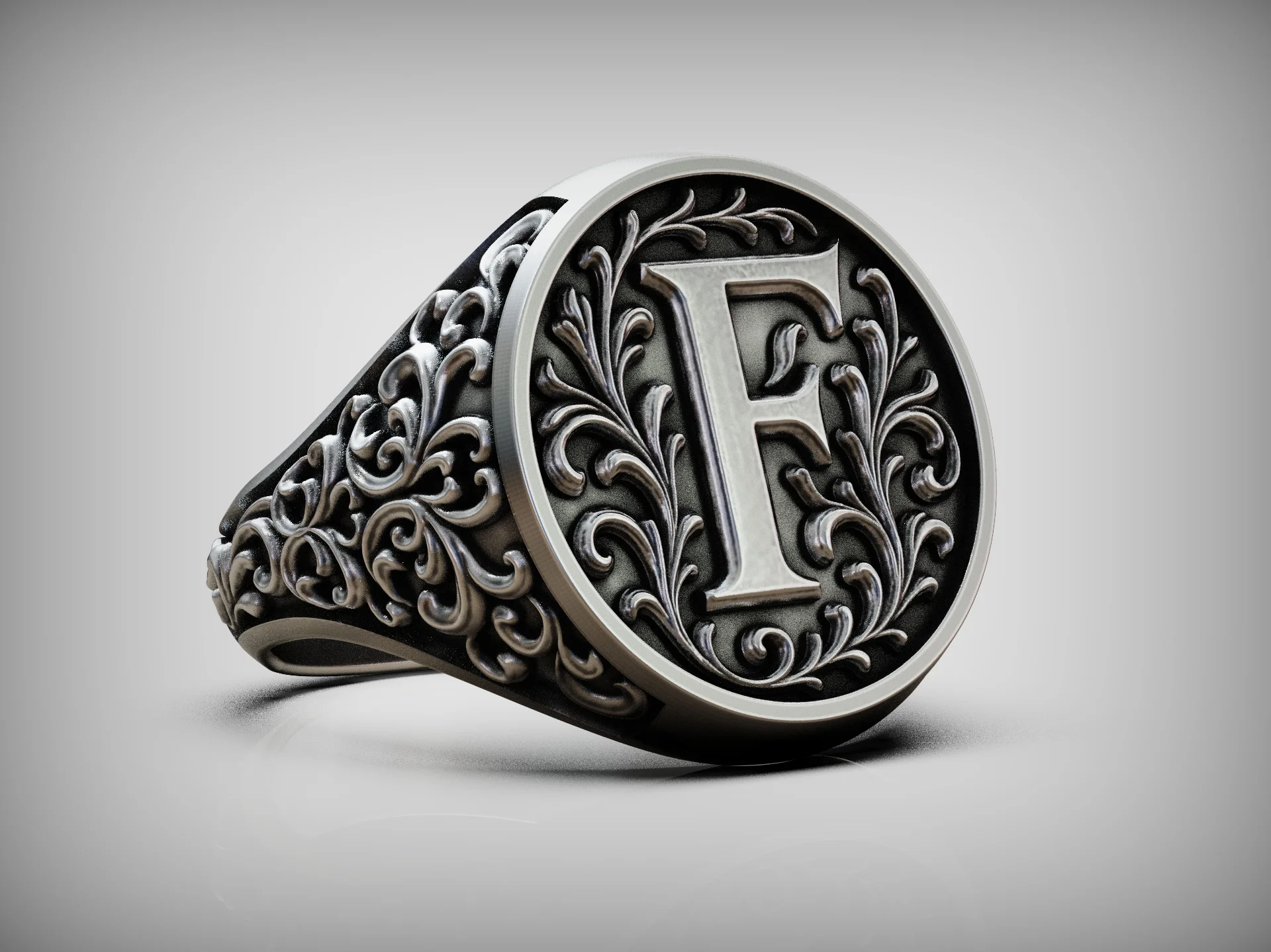 Baroque Initial F Floral Signet Ring — view 6