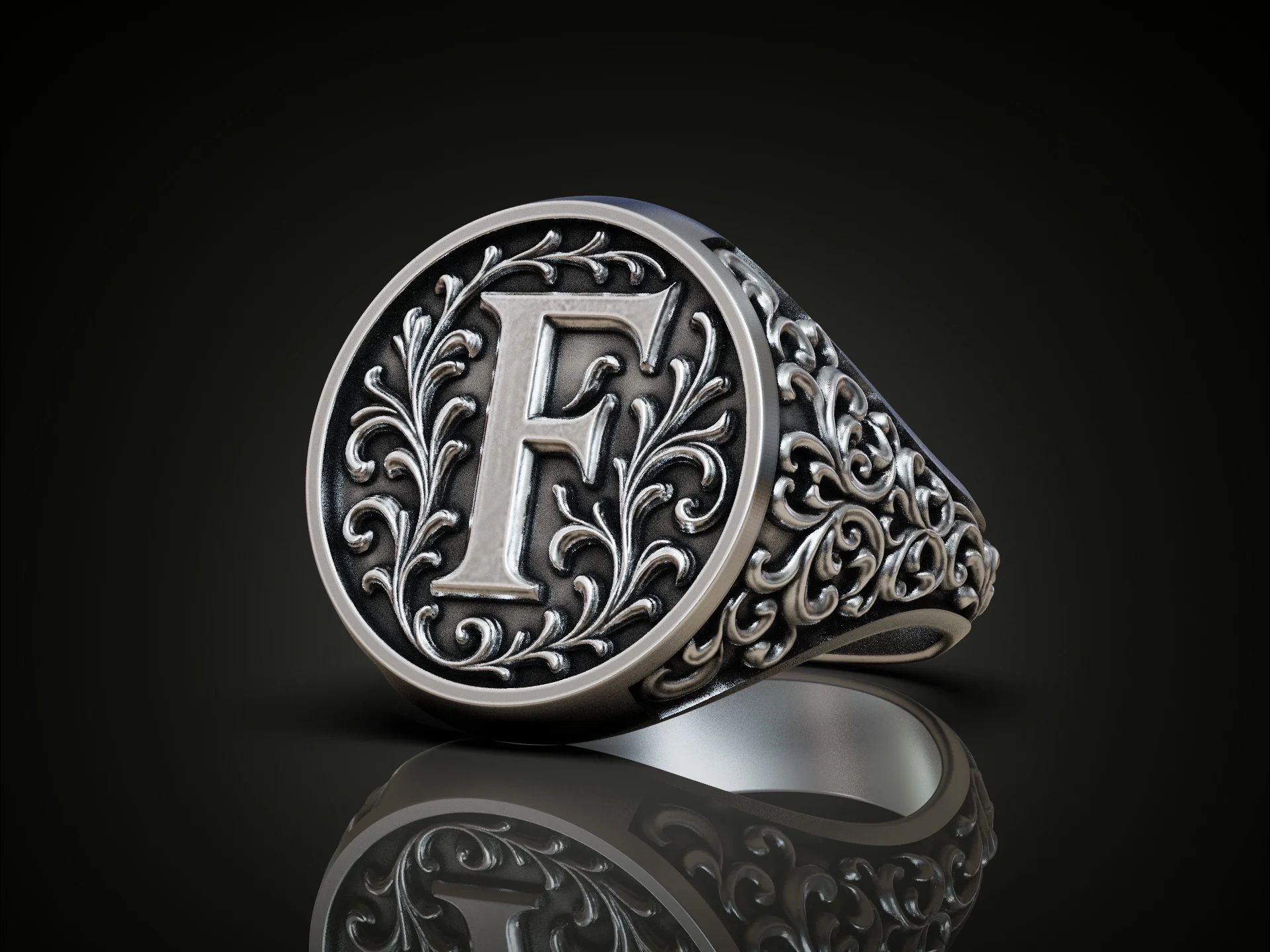 Baroque Initial F Floral Signet Ring — view 2