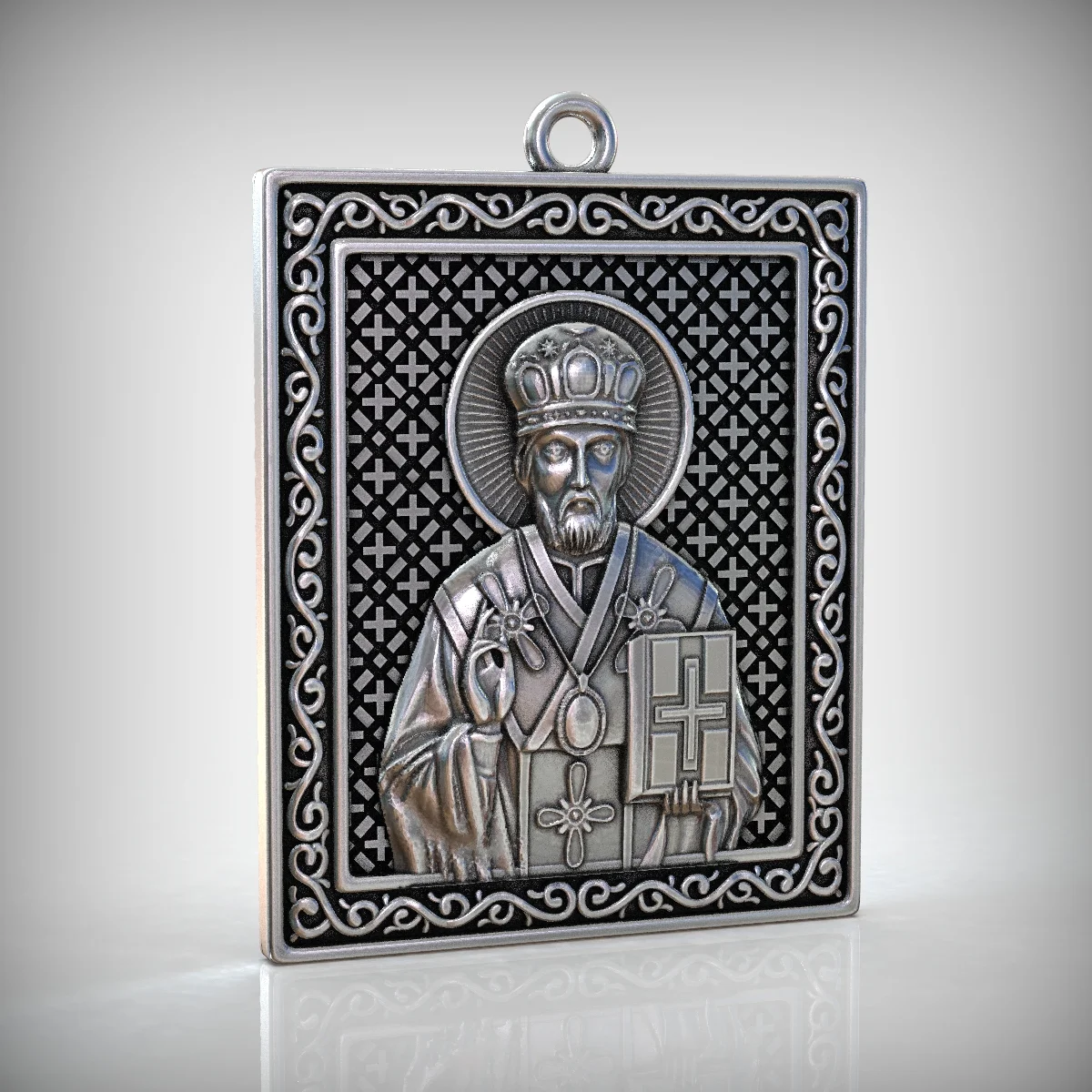 St. Nicholas Relief Portrait Pendant with Scroll Border