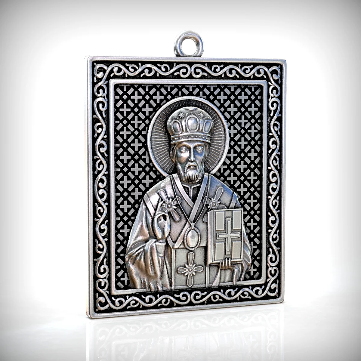 St. Nicholas Relief Portrait Pendant with Scroll Border — view 3
