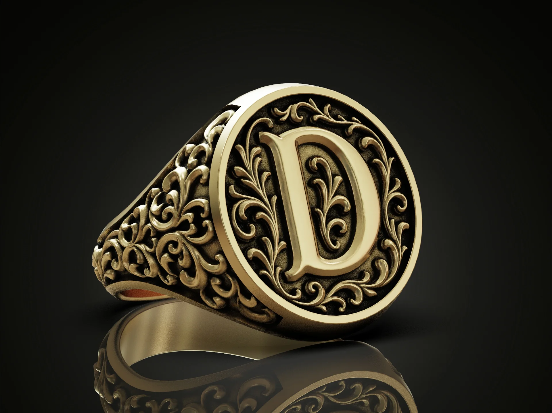 Ornate Letter D Initial Signet Ring — view 2