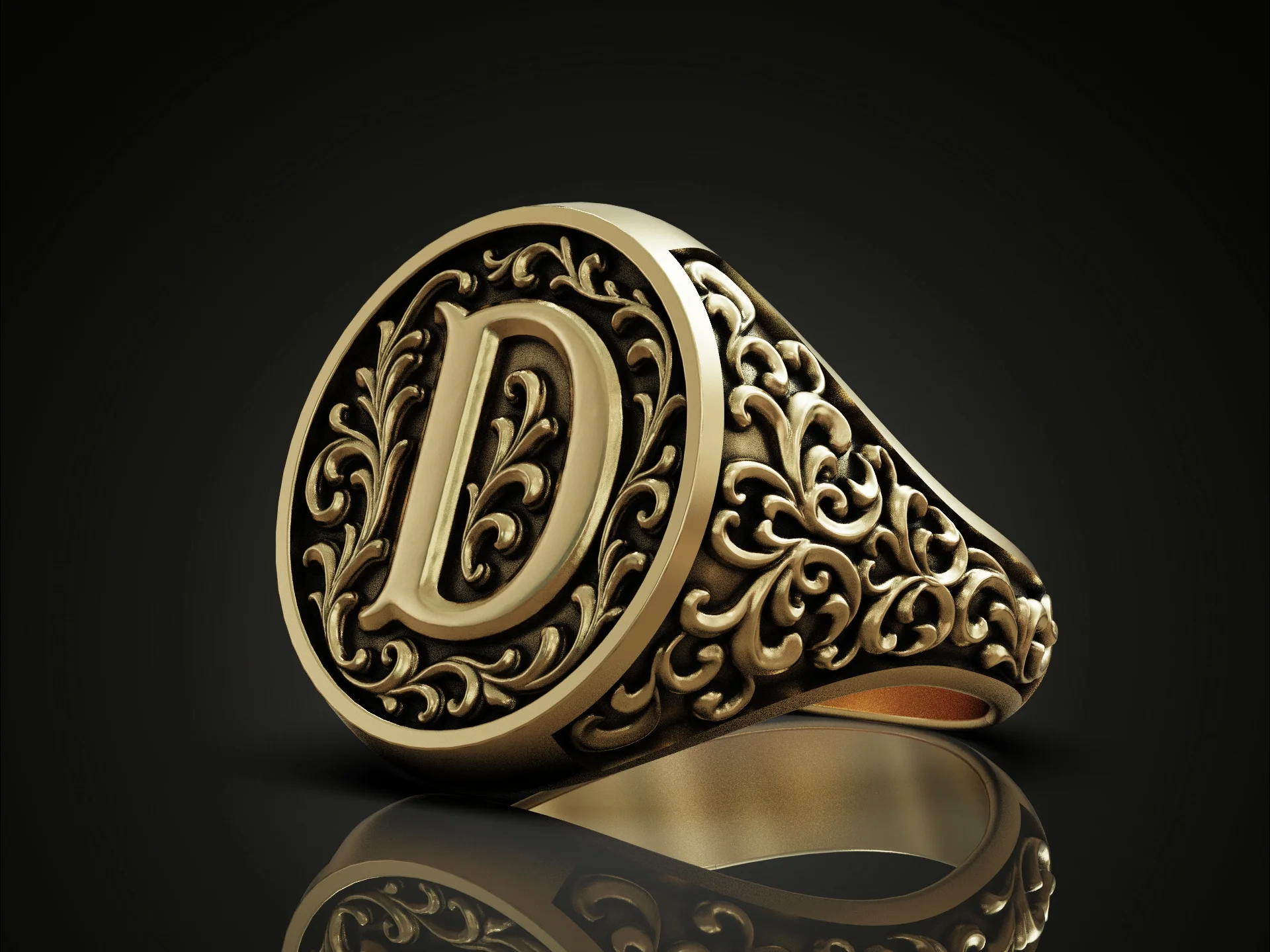 Ornate Letter D Initial Signet Ring — view 4
