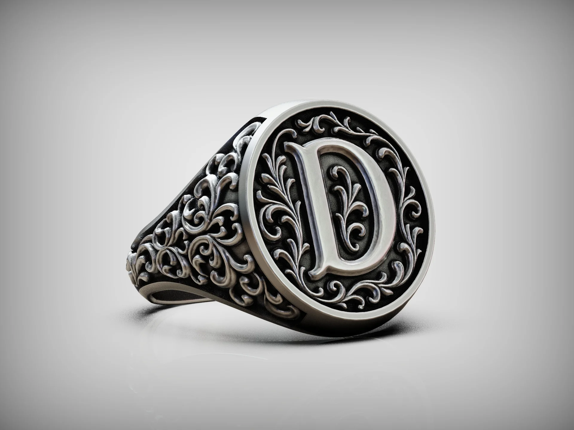 Ornate Letter D Initial Signet Ring — view 5