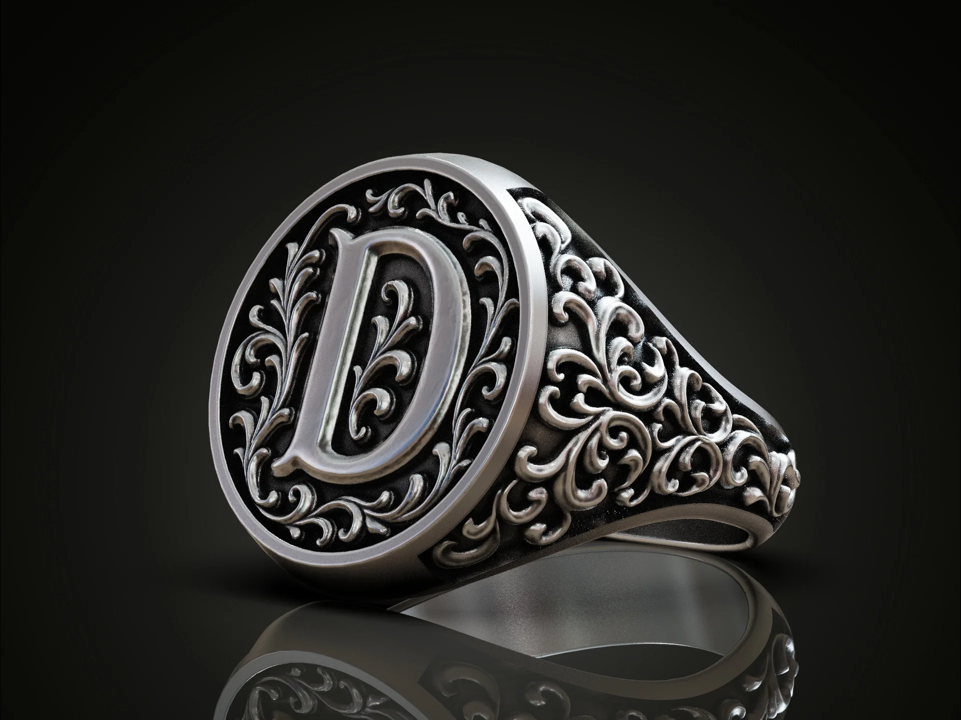 Ornate Letter D Initial Signet Ring — view 3
