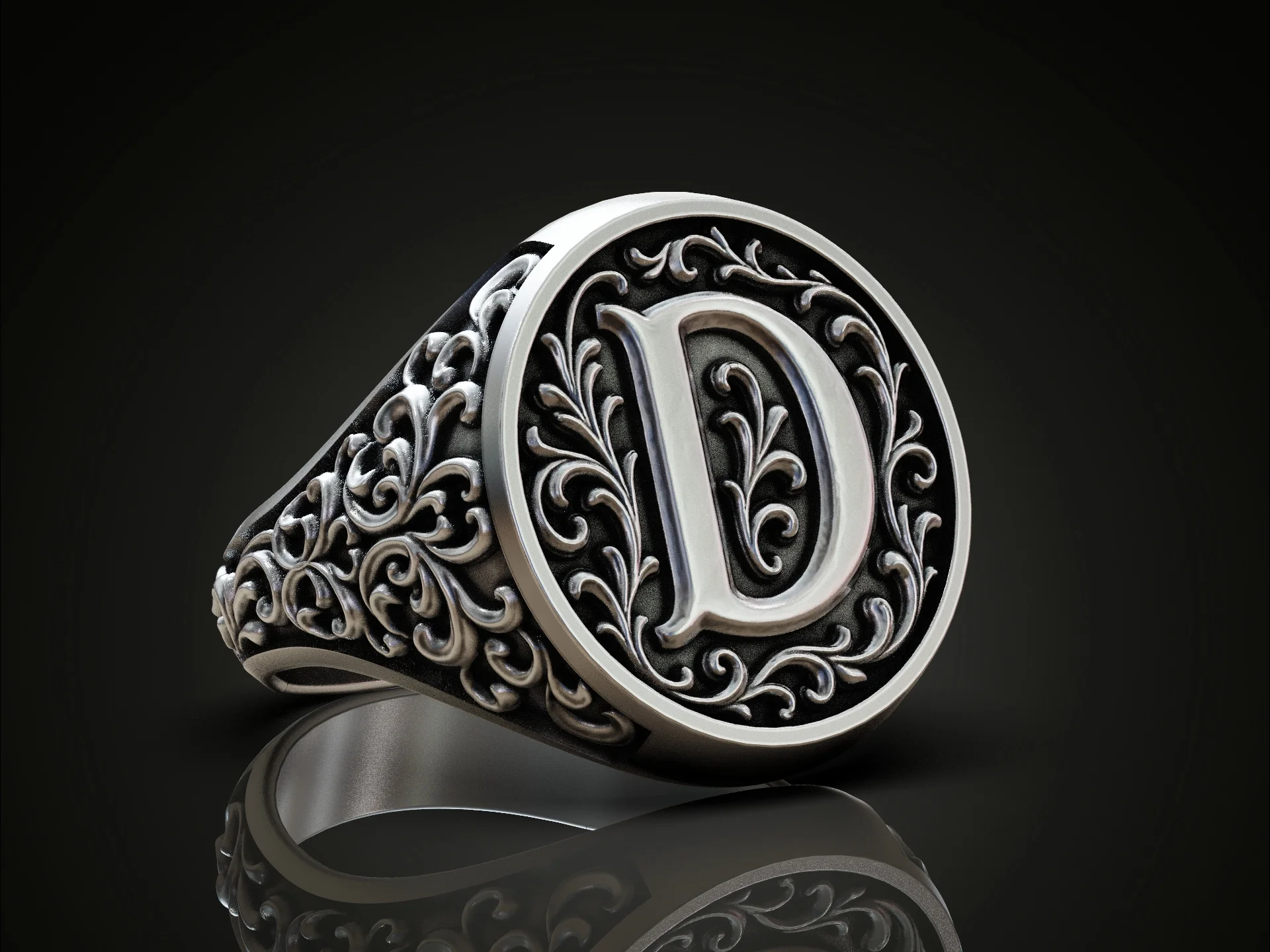 Ornate Letter D Initial Signet Ring