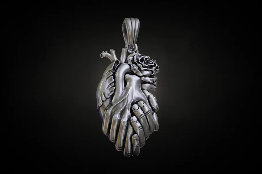 Anatomical Heart, Hands, and Rose Sculptural Pendant