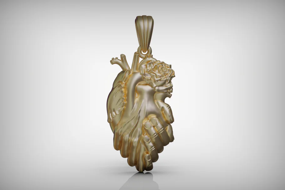 Anatomical Heart, Hands, and Rose Sculptural Pendant — view 4