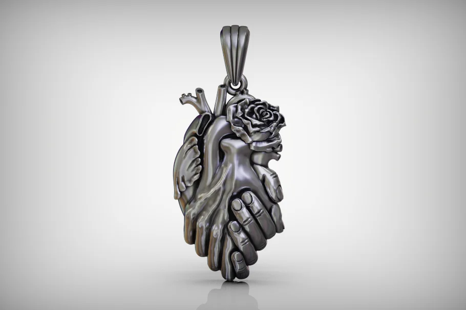 Anatomical Heart, Hands, and Rose Sculptural Pendant — view 3