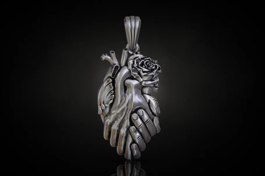 Anatomical Heart, Hands, and Rose Sculptural Pendant — view 2