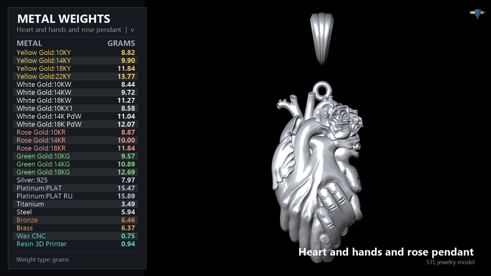 Anatomical Heart, Hands, and Rose Sculptural Pendant — view 5