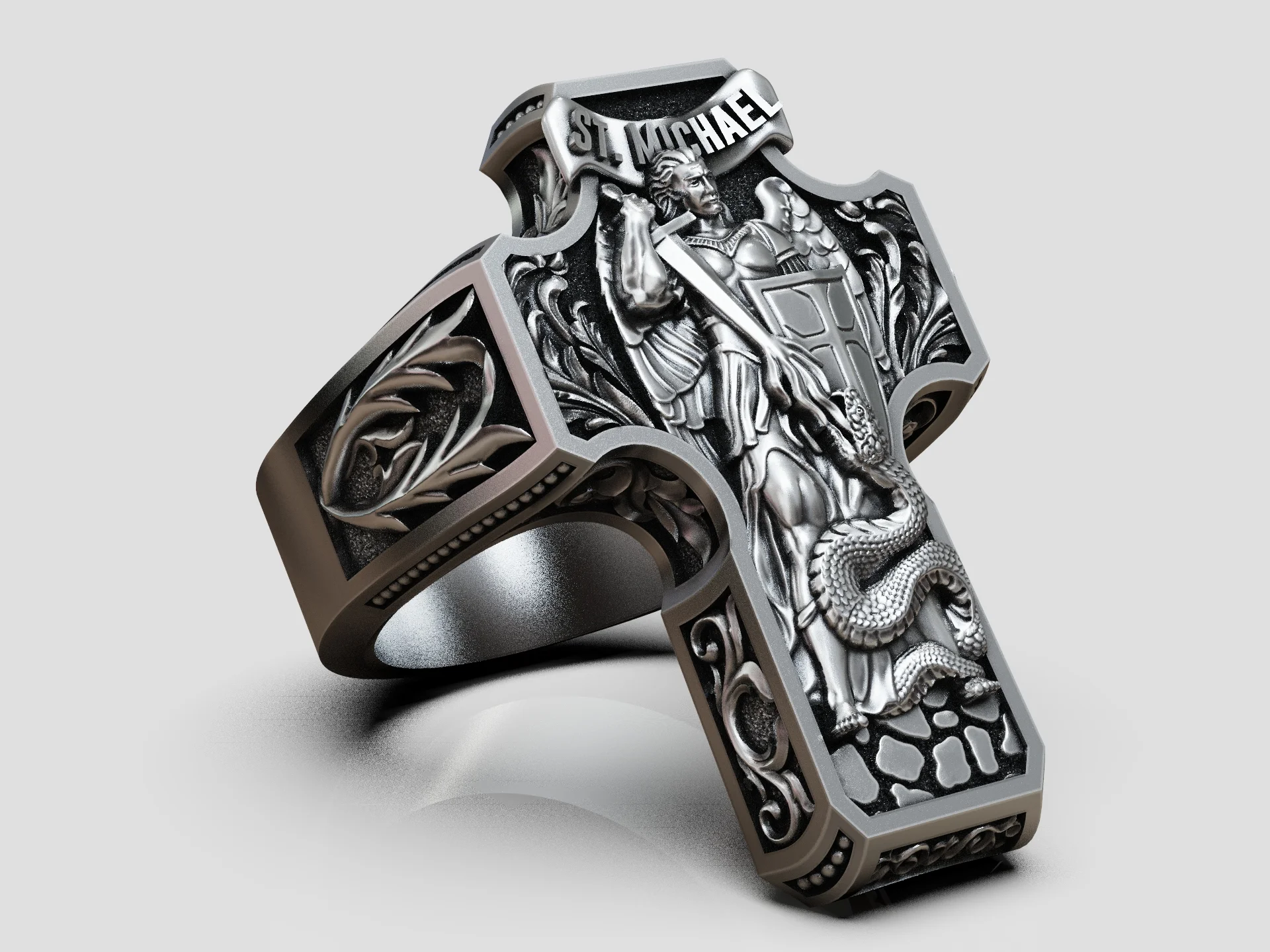 Saint Michael High-Relief Cross Signet Ring — view 3