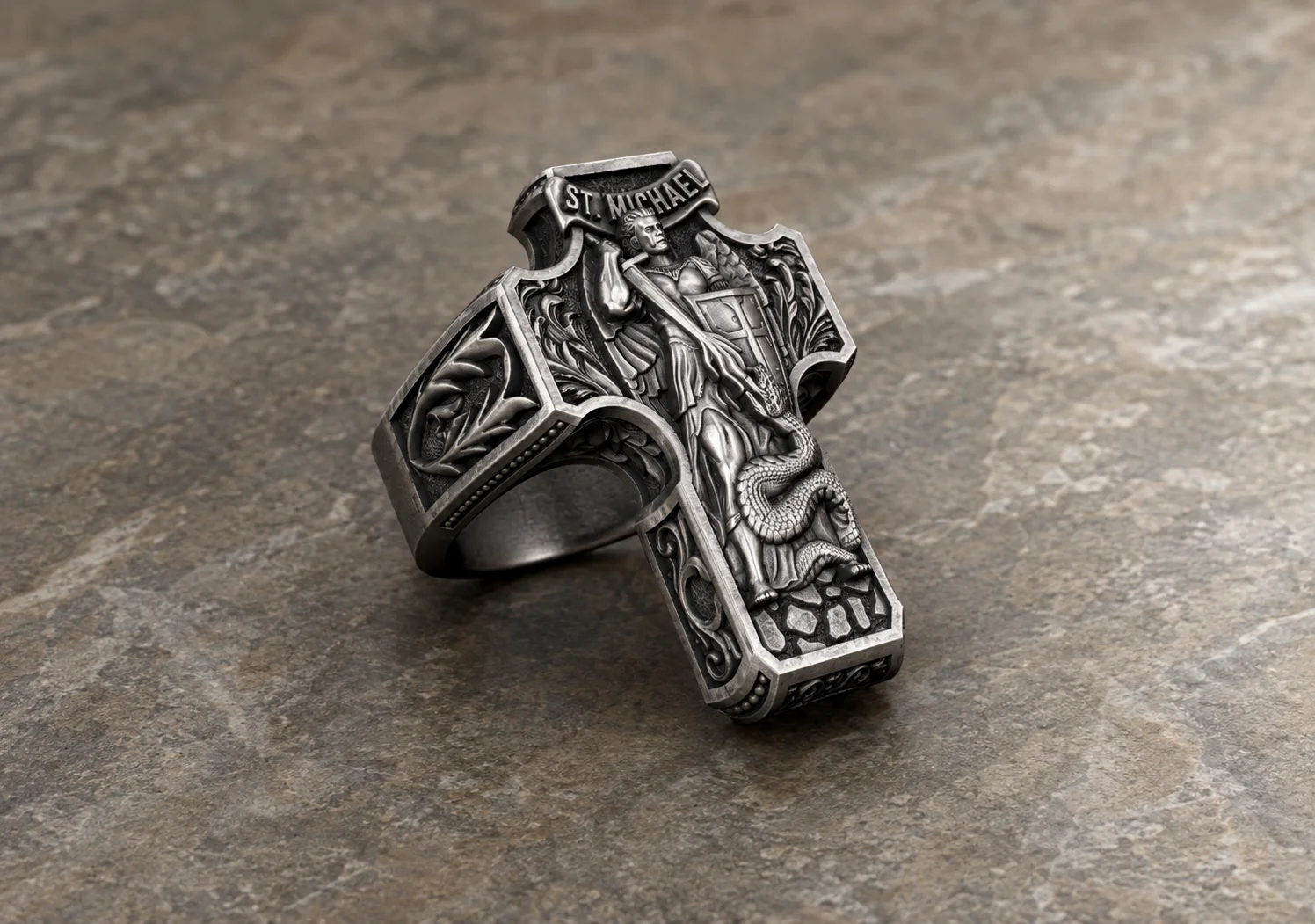Saint Michael High-Relief Cross Signet Ring