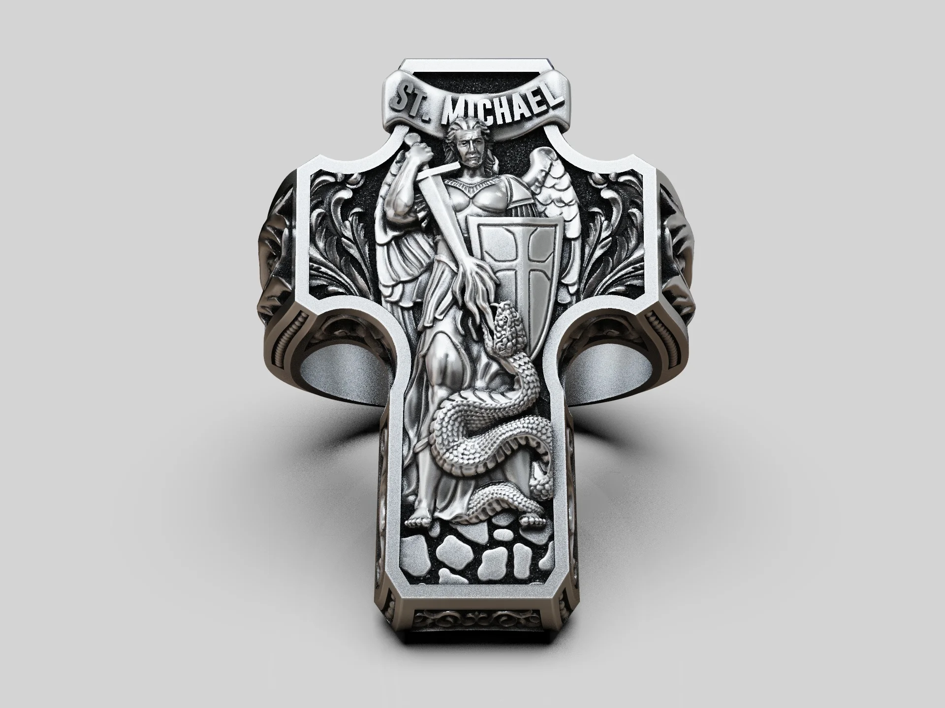 Saint Michael High-Relief Cross Signet Ring — view 2