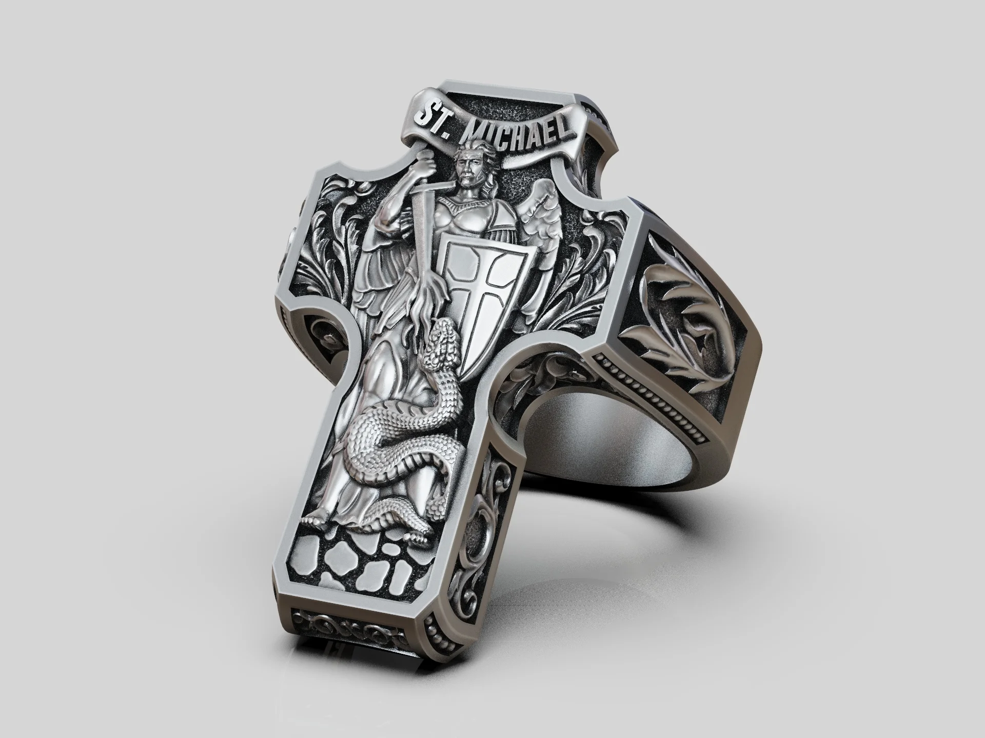 Saint Michael High-Relief Cross Signet Ring — view 5