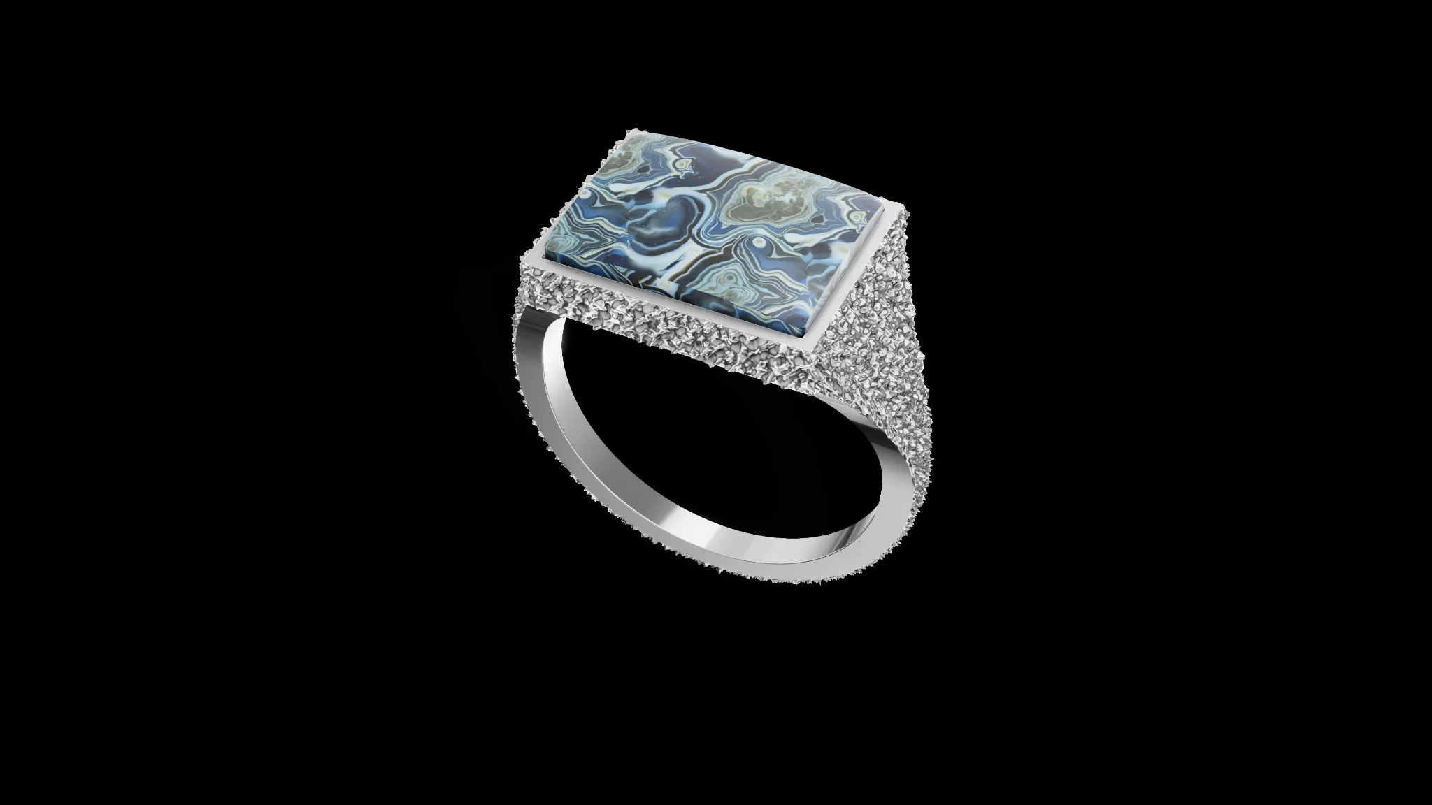 Rectangular Silver Texture Ring with Gemstone