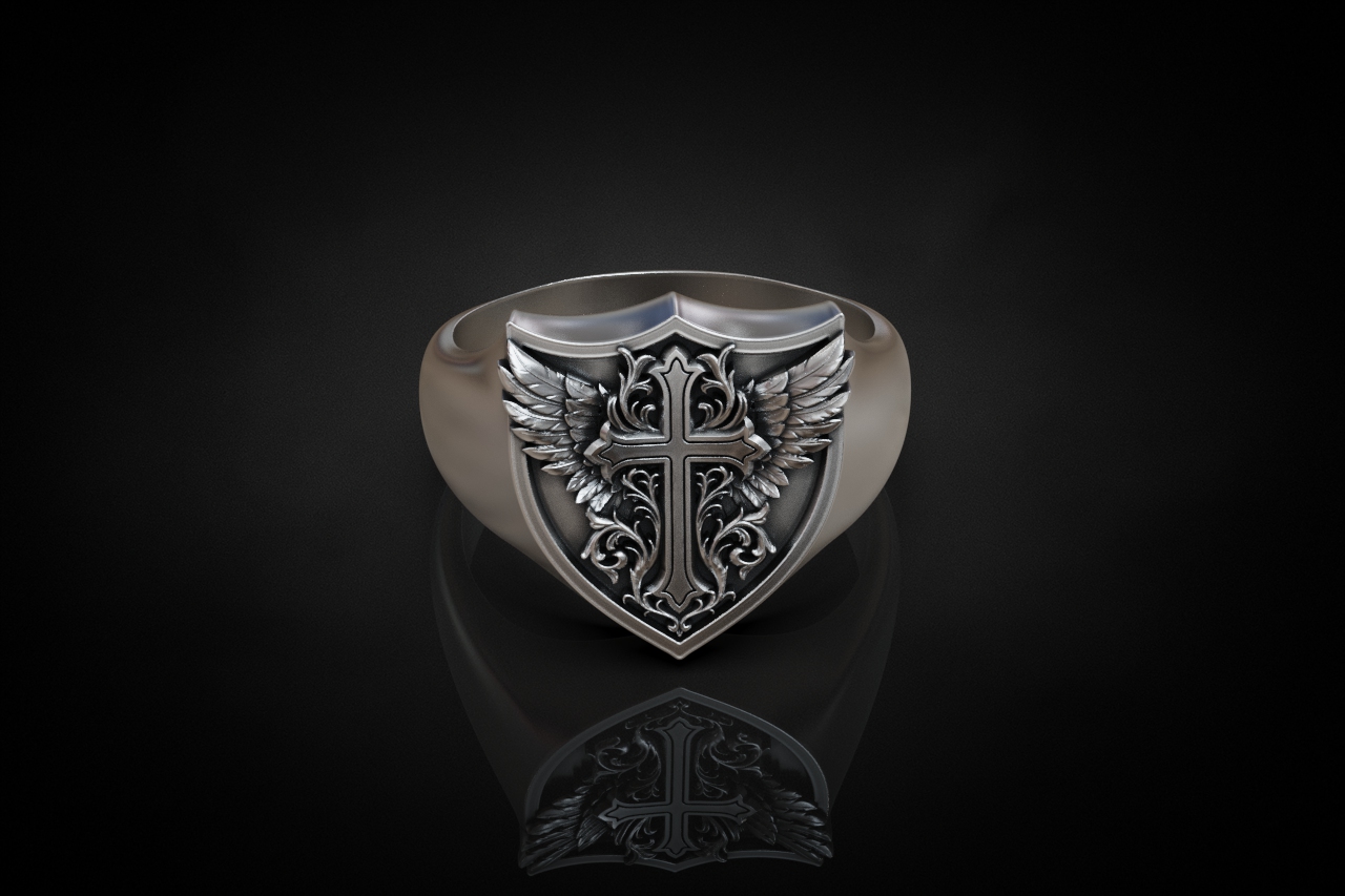 Gothic Winged Cross Shield Signet Ring — view 3